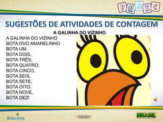 SUGESTÕES DE ATIVIDADES DE CONTAGEM 
A GALINHA DO VIZINHO 
A GALINHA DO VIZINHO 
BOTA OVO AMARELINHO 
BOTA UM, 
BOTA DOIS, 
BOTA TRÊS, 
BOTA QUATRO, 
BOTA CINCO, 
BOTA SEIS, 
BOTA SETE, 
BOTA OITO, 
BOTA NOVE, 
BOTA DEZ! 
 