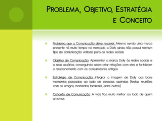 P ROBLEMA , O BJETIVO, E STRATÉGIA
                      E C ONCEITO


   Problema que a Comunicação deve resolver: Mesmo sendo uma marca
    presente há muito tempo no mercado, a Dolly ainda não possui nenhum
    tipo de comunicação voltada para as redes sociais

   Objetivo de Comunicação: Apresentar a marca Dolly às redes sociais e
    a seus usuários, conseguindo assim criar relações com eles e fortalecer
    o relacionamento com os consumidores antigos

   Estratégia de Comunicação: Integrar a imagem de Dolly aos bons
    momentos passados ao lado de pessoas queridas (festas, reuniões
    com os amigos, momentos familiares, entre outros)

   Conceito de Comunicação: A vida fica muito melhor ao lado de quem
    amamos
 