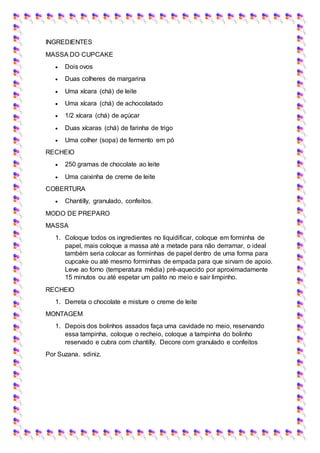 INGREDIENTES
MASSA DO CUPCAKE
 Dois ovos
 Duas colheres de margarina
 Uma xícara (chá) de leite
 Uma xícara (chá) de achocolatado
 1/2 xícara (chá) de açúcar
 Duas xícaras (chá) de farinha de trigo
 Uma colher (sopa) de fermento em pó
RECHEIO
 250 gramas de chocolate ao leite
 Uma caixinha de creme de leite
COBERTURA
 Chantilly, granulado, confeitos.
MODO DE PREPARO
MASSA
1. Coloque todos os ingredientes no liquidificar, coloque em forminha de
papel, mais coloque a massa até a metade para não derramar, o ideal
também seria colocar as forminhas de papel dentro de uma forma para
cupcake ou até mesmo forminhas de empada para que sirvam de apoio.
Leve ao forno (temperatura média) pré-aquecido por aproximadamente
15 minutos ou até espetar um palito no meio e sair limpinho.
RECHEIO
1. Derreta o chocolate e misture o creme de leite
MONTAGEM
1. Depois dos bolinhos assados faça uma cavidade no meio, reservando
essa tampinha, coloque o recheio, coloque a tampinha do bolinho
reservado e cubra com chantilly. Decore com granulado e confeitos
Por Suzana. sdiniz.
 