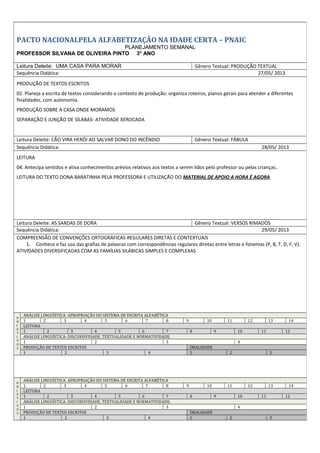 PACTO NACIONALPELA ALFABETIZAÇÃO NA IDADE CERTA – PNAIC
PLANEJAMENTO SEMANAL
PROFESSOR SILVANA DE OLIVEIRA PINTO 3° ANO
Leitura Deleite: A VACA VIOLETA Gênero Textual: MENSAGEM EM CÓDIGO NUMÉRICO
Sequência Didática: 20/05/ 2013
ANÁLISE LINGUÍSTICA: DISCURSIVIDADE, TEXTUALIDADE E NORMATIVIDADE
09. Identifica e faz uso de letra maiúscula e minúscula os textos produzidos, segundo as convenções.
DITADO DE PALAVRAS;
MENSAGEM EM CÓDIGO NUMÉRICO. SUBSTITUIR OS NÚMEROS PELAS SÍLABAS CORRESPONDENTES DE MODO A FORMAR
PALAVRAS.
Leitura Deleite: A EMA ELEGANTE Gênero Textual: NARRATIVA
Sequência Didática: 21/05/ 2013
LEITURA
06. Lê em voz alta, com fluência, em diferentes situações.
RECONTO DE HISTÓRIA, OS ALUNOS ESCOLHERÃO A HISTÓRIA A SER RECONTADA PARA A CLASSE.
Leitura Deleite: OS POMBOS ATLETAS Gênero Textual: PIADAS E ADVINHAS
Sequência Didática: 22/05/ 2013
ANÁLISE LINGUÍSTICA: DISCURSIVIDADE, TEXTUALIDADE E NORMATIVIDADE
03. Reconhece gêneros textuais e seus contextos de produção.
PIADA E ADVINHAS CONTADAS PELA PROFESSORA E ALUNOS
O
B
J
E
T
I
V
O
S
ANÁLISE LINGUÍSTICA: APROPRIAÇÃO DO SISTEMA DE ESCRITA ALFABÉTICA
1 2 3 4 5 6 7 8 9 10 11 12 13 14
LEITURA
1 2 3 4 5 6 7 8 9 10 11 12
ANÁLISE LINGUÍSTICA: DISCURSIVIDADE, TEXTUALIDADE E NORMATIVIDADE.
1 2 3 4
PRODUÇÃO DE TEXTOS ESCRITOS ORALIDADE
1 2 3 4 1 2 3
PACTO NACIONALPELA ALFABETIZAÇÃO NA IDADE CERTA – PNAIC
PLANEJAMENTO SEMANAL
PROFESSOR SILVANA DE OLIVEIRA PINTO 3° ANO
Leitura Deleite: UMA CASA PARA MORAR Gênero Textual: PRODUÇÃO TEXTUAL
Sequência Didática: 27/05/ 2013
PRODUÇÃO DE TEXTOS ESCRITOS
02. Planeja a escrita de textos considerando o contexto de produção: organiza roteiros, planos gerais para atender a diferentes
finalidades, com autonomia.
PRODUÇÃO SOBRE A CASA ONDE MORAMOS
SEPARAÇÃO E JUNÇÃO DE SÍLABAS- ATIVIDADE XEROCADA
Leitura Deleite: CÃO VIRA HERÓI AO SALVAR DONO DO INCÊNDIO Gênero Textual: FÁBULA
Sequência Didática: 28/05/ 2013
LEITURA
04. Antecipa sentidos e ativa conhecimentos prévios relativos aos textos a serem lidos pelo professor ou pelas crianças..
LEITURA DO TEXTO DONA BARATINHA PELA PROFESSORA E UTILIZAÇÃO DO MATERIAL DE APOIO A HORA É AGORA
Leitura Deleite: AS SARDAS DE DORA Gênero Textual: VERSOS RIMADOS
Sequência Didática: 29/05/ 2013
COMPREENSÃO DE CONVENÇÕES ORTOGRÁFICAS REGULARES DIRETAS E CONTEXTUAIS
1. Conhece e faz uso das grafias de palavras com correspondências regulares diretas entre letras e fonemas (P, B, T, D, F, V).
ATIVIDADES DIVERSIFICADAS COM AS FAMÍLIAS SILÁBICAS SIMPLES E COMPLEXAS
O
B
J
E
T
I
V
O
S
ANÁLISE LINGUÍSTICA: APROPRIAÇÃO DO SISTEMA DE ESCRITA ALFABÉTICA
1 2 3 4 5 6 7 8 9 10 11 12 13 14
LEITURA
1 2 3 4 5 6 7 8 9 10 11 12
ANÁLISE LINGUÍSTICA: DISCURSIVIDADE, TEXTUALIDADE E NORMATIVIDADE.
1 2 3 4
PRODUÇÃO DE TEXTOS ESCRITOS ORALIDADE
1 2 3 4 1 2 3
 