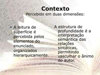Contexto
Percebido em duas dimensões:
 A leitura de
superfície é
percebida pelos
elementos do
enunciado,
organizados
hierarquicamente.
A estrutura de
profundidade é a
interpretação
semântica das
relações
sintáticas,
permitindo
vasculhar o ânimo
do autor.
 
