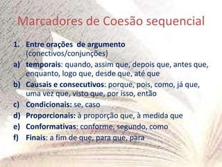 Marcadores de Coesão sequencial
1. Entre orações de argumento
(conectivos/conjunções)
a) temporais: quando, assim que, depois que, antes que,
enquanto, logo que, desde que, até que
b) Causais e consecutivos: porque, pois, como, já que,
uma vez que, visto que, por isso, então
c) Condicionais: se, caso
d) Proporcionais: à proporção que, à medida que
e) Conformativas: conforme, segundo, como
f) Finais: a fim de que, para que, para
 