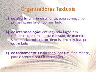Organizadores Textuais
a) de abertura: primeiramente, para começar, o
primeiro, um fator, por um lado
b) de intermediação: em segundo lugar, em
terceiro lugar, uma outra questão, de maneira
secundária, outro fator, depois, em seguida, por
outro lado
a) de fechamento: finalizando, por fim, finalmente,
para encerrar, por último, enfim
 