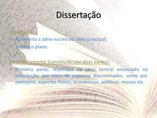 Dissertação
Introdução:
• Apresenta a ideia-núcleo ou ideia principal;
• Sugere o plano.
Desenvolvimento (constituído por duas partes):
• Primeira parte: retomada da ideia central enunciada na
introdução, por meio de aspectos discriminados, como por
exemplos, aspectos físicos, econômicos, políticos, morais etc.
 