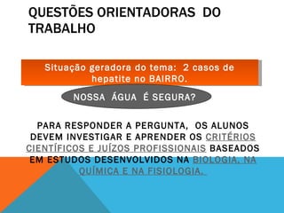 QUESTÕES ORIENTADORAS  DO TRABALHO Situação geradora do tema:  2 casos de hepatite no BAIRRO. NOSSA  ÁGUA  É SEGURA?  PARA RESPONDER A PERGUNTA,  OS ALUNOS DEVEM INVESTIGAR E APRENDER OS  CRITÉRIOS CIENTÍFICOS E JUÍZOS PROFISSIONAIS  BASEADOS EM ESTUDOS DESENVOLVIDOS NA  BIOLOGIA, NA QUÍMICA E NA FISIOLOGIA.  