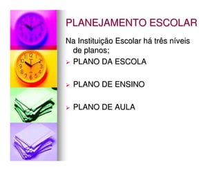 PLANEJAMENTO ESCOLAR
Na Instituição Escolar há três níveis
 de planos;
 PLANO DA ESCOLA

  PLANO DE ENSINO

  PLANO DE AULA
 