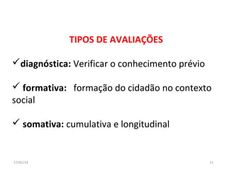 TIPOS DE AVALIAÇÕES
diagnóstica: Verificar o conhecimento prévio
 formativa: formação do cidadão no contexto
social
 somativa: cumulativa e longitudinal

17/01/14

11

 