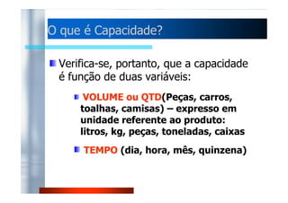 OO qquuee éé CCaappaacciiddaaddee?? 
Verifica-se, portanto, que a capacidade 
é função de duas variáveis: 
VVOOLLUUMMEE oouu QQTTDD((PPeeççaass,, ccaarrrrooss,, 
toalhas, camisas) – expresso em 
unidade referente ao produto: 
litros, kg, peças, toneladas, caixas 
TEMPO (dia, hora, mês, quinzena) 
 
