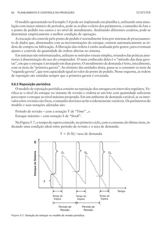 O modelo apresentado no Exemplo 5.4 pode ser implantado em planilha e, utilizando uma simu-
lação com maior número de períodos, pode-se avaliar o efeito dos parâmetros, o tamanho do lote e
o ponto de pedido nos custos e no nível de atendimento. Analisando diferentes cenários, pode-se
determinar empiricamente a melhor condição de operação.
A execução do controle pelo ponto de pedido é normalmente feita por sistemas de processamen-
to de dados que, alimentados com as movimentações do estoque, emitem automaticamente as or-
dens de compra ou fabricação. A liberação das ordens é então analisada pelo gestor, para eventuais
ajustes e controle da quantidade de ordens abertas no sistema.
Em sistemas não informatizados, utilizam-se métodos visuais simples, oriundos das práticas ante-
riores à disseminação do uso do computador. O mais conhecido deles é o “método das duas gave-
tas”, em que o estoque é arranjado em duas partes. O atendimento da demanda é feito, inicialmente,
com os itens da “primeira gaveta”. Ao término das unidades desta, passa-se a consumir os itens da
“segunda gaveta”, que tem capacidade igual ao valor do ponto de pedido. Nesse esquema, as ordens
de reposição são emitidas sempre que a primeira gaveta é esvaziada.
5.6.3 Reposição periódica
O modelo de reposição periódica consiste na reposição dos estoques em intervalos regulares. Ve-
rifica-se o nível do estoque no instante de revisão e ordena-se um lote com quantidade suficiente
para repor o estoque ao nível máximo projetado. Em um ambiente de demanda variável, se os inter-
valos entre revisões são fixos, o tamanho dos lotes serão evidentemente variáveis. Os parâmetros do
modelo e suas notações adotadas são:
Período de revisão – com a notação T de “Time” , e
Estoque máximo – com notação S de “Stock”.
Na Figura 5.7, o tempo de espera coincide, no primeiro ciclo, com o consumo do último item, in-
dicando uma condição ideal entre período de revisão e a taxa de demanda:
T = (S-X) / taxa de demanda
92 PLANEJAMENTO E CONTROLE DA PRODUÇÃO
CAMPUS • PLANEJAMENTO E CONTROLE DA PRODUÇÃO • 1418 – CAPÍTULO 5 – EC-02
ELSEVIER
S
X
Período de
Revisão
Q3
Período de
Revisão
Q1 Q2
Tempo de
Espera
Tempo de
Espera
Tempo de
Espera
Tempo
Estoque
do
Sistema
Figura 5.7. Variação do estoque no modelo de revisão periódica.
 