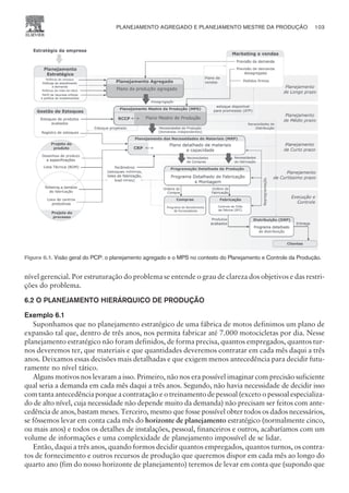 nível gerencial. Por estruturação do problema se entende o grau de clareza dos objetivos e das restri-
ções do problema.
6.2 O PLANEJAMENTO HIERÁRQUICO DE PRODUÇÃO
Exemplo 6.1
Suponhamos que no planejamento estratégico de uma fábrica de motos definimos um plano de
expansão tal que, dentro de três anos, nos permita fabricar até 7.000 motocicletas por dia. Nesse
planejamento estratégico não foram definidos, de forma precisa, quantos empregados, quantos tur-
nos deveremos ter, que materiais e que quantidades deveremos contratar em cada mês daqui a três
anos. Deixamos essas decisões mais detalhadas e que exigem menos antecedência para decidir futu-
ramente no nível tático.
Alguns motivos nos levaram a isso. Primeiro, não nos era possível imaginar com precisão suficiente
qual seria a demanda em cada mês daqui a três anos. Segundo, não havia necessidade de decidir isso
com tanta antecedência porque a contratação e o treinamento de pessoal (exceto o pessoal especializa-
do de alto nível, cuja necessidade não depende muito da demanda) não precisam ser feitos com ante-
cedência de anos, bastam meses. Terceiro, mesmo que fosse possível obter todos os dados necessários,
se fôssemos levar em conta cada mês do horizonte de planejamento estratégico (normalmente cinco,
ou mais anos) e todos os detalhes de instalações, pessoal, financeiros e outros, acabaríamos com um
volume de informações e uma complexidade de planejamento impossível de se lidar.
Então, daqui a três anos, quando formos decidir quantos empregados, quantos turnos, os contra-
tos de fornecimento e outros recursos de produção que queremos dispor em cada mês ao longo do
quarto ano (fim do nosso horizonte de planejamento) teremos de levar em conta que (supondo que
PLANEJAMENTO AGREGADO E PLANEJAMENTO MESTRE DA PRODUÇÃO 103
CAMPUS • PLANEJAMENTO E CONTROLE DA PRODUÇÃO • 1418 – CAPÍTULO 6 – EC-02
Figura 6.1. Visão geral do PCP: o planejamento agregado e o MPS no contexto do Planejamento e Controle da Produção.
 