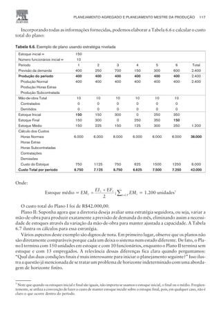 Incorporando todas as informações fornecidas, podemos elaborar a Tabela 6.6 e calcular o custo
total do plano:
Tabela 6.6. Exemplo de plano usando estratégia nivelada
Estoque inicial = 150
Número funcionários inicial = 10
Período 1 2 3 4 5 6 Total
Previsão da demanda 400 250 700 150 300 600 2.400
Produção do período 400 400 400 400 400 400 2.400
Produção Normal 400 400 400 400 400 400 2.400
Produção Horas Extras
Produção Subcontratada
Mão-de-obra Total 10 10 10 10 10 10
Contratados 0 0 0 0 0 0
Demitidos 0 0 0 0 0 0
Estoque Inicial 150 150 300 0 250 350
Estoque Final 150 300 0 250 350 150
Estoque Médio 150 225 150 125 300 250 1.200
Cálculo dos Custos
Horas Normais 6.000 6.000 6.000 6.000 6.000 6.000 36.000
Horas Extras
Horas Subcontratadas
Contratações
Demissões
Custo do Estoque 750 1125 750 625 1500 1250 6.000
Custo Total por período 6.750 7.125 6.750 6.625 7.500 7.250 42.000
Onde:
Estoque médio = EM
EI EF
EM
t
t t
i
t l T
=
+
=
å
2
; ,
= 1.200 unidades7
O custo total do Plano I foi de R$42.000,00.
Plano II: Suponha agora que a diretoria deseja avaliar uma estratégia seguidora, ou seja, variar a
mão-de-obra para produzir exatamente a previsão de demanda do mês, eliminando assim a necessi-
dade de estoques através da variação da mão-de-obra para manter ajustada a capacidade. A Tabela
6.7 ilustra os cálculos para essa estratégia.
Vários aspectos deste exemplo são dignos de nota. Em primeiro lugar, observe que os planos não
são diretamente comparáveis porque cada um deixa o sistema num estado diferente. De fato, o Pla-
no I termina com 150 unidades em estoque e com 10 funcionários, enquanto o Plano II termina sem
estoque e com 13 empregados. A relevância dessas diferenças fica clara quando perguntamos:
“Qual das duas condições finais é mais interessante para iniciar o planejamento seguinte?” Isso ilus-
tra a questão já mencionada de se tratar um problema de horizonte indeterminado com uma aborda-
gem de horizonte finito.
PLANEJAMENTO AGREGADO E PLANEJAMENTO MESTRE DA PRODUÇÃO 117
CAMPUS • PLANEJAMENTO E CONTROLE DA PRODUÇÃO • 1418 – CAPÍTULO 6 – EC-02
7
Note que quando os estoques inicial e final são iguais, não importa se usamos o estoque inicial, o final ou o médio. Freqüen-
temente, se utiliza a convenção de fazer o custo de manter estoque incidir sobre o estoque final, pois, em qualquer caso, não é
claro o que ocorre dentro do período.
 