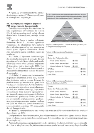 A Figura 2.2 apresenta uma forma alterna-
tiva de se representar o PCP como um elemen-
to estratégico na organização.
2.1.1 Exemplo para fixação: o papel do
PCP para o negócio da organização
Considere o exemplo dos resultados de
uma organização apresentados na Tabela
2.1. A lógica organizacional indica a busca
da melhoria dos resultados, ou seja, maior
lucro.
A expressão Lucro = receitas – despesas,
ilustrada na Tabela 2.1, é clássica e permite a
visualização das alternativas para melhoria
dos resultados. A estratégia para aumentar os
lucros possui algumas alternativas, dentre
elas: aumentar a receita ou reduzir o custo de
produção.
Na Tabela 2.2 apresenta a demonstração
dos resultados referentes à operação de uma
organização fictícia. Nessa tabela, pode-se ob-
servar que o lucro bruto (antes do pagamento
de impostos e outras despesas) é $100. Nos
Tabela 2.2 e 2.3 constam as alternativas cita-
das: aumento da receita ou redução dos custos
de produção.
Na Tabela 2.2 apresenta o demonstrativo
da primeira alternativa. Nesse caso, existem
duas hipóteses: majorar o preço de venda do
produto ou serviço ou aumentar a quantidade
vendida aos consumidores. A primeira hipóte-
se implica saber se o cliente concorda em pa-
gar mais pelo produto ou serviço, o que, como
conseqüência, pode induzi-lo a procurar ou-
tro fornecedor com menor preço. A hipótese
de aumentar a quantidade vendida, no exem-
plo apresentado, implica aumentar igualmen-
te os custos dos produtos ou serviços vendidos
em 20%. O resultado, como demonstrado,
proporciona incremento de 40% no resultado
(lucro) da organização.
Na Tabela 2.3 exemplifica que uma redução de custos em 10% ocasiona melhoria do resultado
(lucro bruto) em 80%.
Comparando os dois demonstrativos, fica evidente a melhor alternativa: agir na redução de cus-
tos de produção, ou seja, na melhor produtividade de recursos (mão-de-obra, matéria-prima, tempo
de produção etc.).
Adicionalmente, os esforços para compreender o processo produtivo, conhecer suas peculiarida-
des e buscar soluções com redução de custo e tempo de produção ou de incremento da produtivida-
O PCP NO CONTEXTO ESTRATÉGICO 7
CAMPUS • PLANEJAMENTO E CONTROLE DA PRODUÇÃO • 1418 – CAPÍTULO 2 – EC-02
GESTÃO
FINANCEIRA
PLANEJAMENTO E CONTROLE DA PRODUÇÃO
GESTÃO DE
PESSOAS
COMPETITIVIDADE
RESPONSABILIDADE
SOCIAL E
AMBIENTAL
O é responsável pela coordenação e aplicação dos recursos
produtivos de modo a atender da melhor forma possível aos planos
estabelecidos nos níveis estratégico, tático e operacional
PCP
Figura 2.2. Planejamento e Controle da Produção: base para
a competitividade empresarial.
Tabela 2.1 Demostrativo de Resultados
Vendas $ 1.000
Custos dos Produtos Vendidos
Custo Direto: Materiais ($ 400)
Custo Direto: Mão de Obra ($ 200)
Custos Indiretos de Produção ($ 200)
CPV Total ($ 800)
Despesas Operacionais ($ 100)
Lucro Bruto $ 100
Tabela 2.2 Demostrativo de Resultados
(aumento do faturamento, 20%)
Vendas $ 1.200
Custos dos Produtos Vendidos
Custo Direto: Materiais ($ 480)
Custo Direto: Mão de Obra ($ 240)
Custos Indiretos de Produção ($ 240)
CPV Total ($ 960)
Despesas Operacionais ($ 100)
Lucro Bruto $ 140
 