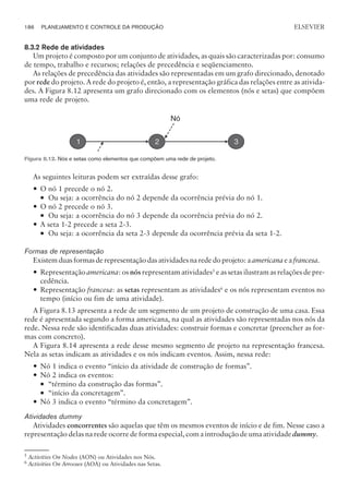8.3.2 Rede de atividades
Um projeto é composto por um conjunto de atividades, as quais são caracterizadas por: consumo
de tempo, trabalho e recursos; relações de precedência e seqüenciamento.
As relações de precedência das atividades são representadas em um grafo direcionado, denotado
por rede do projeto. A rede do projeto é, então, a representação gráfica das relações entre as ativida-
des. A Figura 8.12 apresenta um grafo direcionado com os elementos (nós e setas) que compõem
uma rede de projeto.
As seguintes leituras podem ser extraídas desse grafo:
— O nó 1 precede o nó 2.
¡ Ou seja: a ocorrência do nó 2 depende da ocorrência prévia do nó 1.
— O nó 2 precede o nó 3.
¡ Ou seja: a ocorrência do nó 3 depende da ocorrência prévia do nó 2.
— A seta 1-2 precede a seta 2-3.
¡ Ou seja: a ocorrência da seta 2-3 depende da ocorrência prévia da seta 1-2.
Formas de representação
Existem duas formas de representação das atividades na rede do projeto: a americana e a francesa.
— Representação americana: os nós representam atividades5
e as setas ilustram as relações de pre-
cedência.
— Representação francesa: as setas representam as atividades6
e os nós representam eventos no
tempo (início ou fim de uma atividade).
A Figura 8.13 apresenta a rede de um segmento de um projeto de construção de uma casa. Essa
rede é apresentada segundo a forma americana, na qual as atividades são representadas nos nós da
rede. Nessa rede são identificadas duas atividades: construir formas e concretar (preencher as for-
mas com concreto).
A Figura 8.14 apresenta a rede desse mesmo segmento de projeto na representação francesa.
Nela as setas indicam as atividades e os nós indicam eventos. Assim, nessa rede:
— Nó 1 indica o evento “início da atividade de construção de formas”.
— Nó 2 indica os eventos:
¡ “término da construção das formas”.
¡ “início da concretagem”.
— Nó 3 indica o evento “término da concretagem”.
Atividades dummy
Atividades concorrentes são aquelas que têm os mesmos eventos de início e de fim. Nesse caso a
representação delas na rede ocorre de forma especial, com a introdução de uma atividade dummy.
186 PLANEJAMENTO E CONTROLE DA PRODUÇÃO
CAMPUS • PLANEJAMENTO E CONTROLE DA PRODUÇÃO • 1418 – CAPÍTULO 8 – EC-02
ELSEVIER
1 3
2
Nó
Figura 8.12. Nós e setas como elementos que compõem uma rede de projeto.
5
Activities On Nodes (AON) ou Atividades nos Nós.
6
Activities On Arroows (AOA) ou Atividades nas Setas.
 