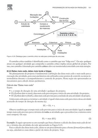 O caminho crítico também é identificado como o caminho que tem “folga zero”. Ou seja: qualquer
atraso em qualquer atividade que componha o caminho crítico implica atraso global do projeto. Por
isso,essecaminhoédenotadoporcaminhocríticoedevesermonitorado/controladocommaisatenção.
8.3.4 Datas mais cedo, datas mais tarde e folgas
No planejamento de projetos é fundamental a definição das datas mais cedo e mais tarde para a
execução das atividades, pois esses parâmetros são utilizados como pontos de controle ou metas in-
termediárias durante o acompanhamento e controle do projeto. Nesta seção são apresentados os
mecanismos para cálculo desses parâmetros.
Cálculo das “Datas mais cedo”
Sejam:
— ti o tempo de duração de uma atividade i qualquer do projeto;
— ESi (Earliest date to start), data mais cedo prevista para o início de uma atividade i do projeto;
— EFi (Earliestdatetofinish),adatamaiscedoprevistaparaconclusãodeumaatividadeidoprojeto.
A data mais cedo para se terminar a atividade i é igual à data mais cedo para início dessa atividade
acrescido do tempo de duração da mesma (ti).
EFi = ESi + ti (1)
Observe também que o tempo mais cedo previsto para o início de uma atividade é igual ao maior
tempo mais cedo previsto para o término de todas as atividades que a precedem (ou o máximo entre
esses tempos). Ou seja:
ESi = max (EFj) (2)
Exemplo: A seguir apresenta-se um exemplo que busca ilustrar o cálculo das datas mais cedo de iní-
cio e término das atividades da rede apresentada na Figura 8.21.
Para o cálculo das datas mais cedo, adota-se um procedimento para a frente (forward procedure),
ou seja, calculam-se essas datas a partir do início do projeto. Veja:
PROGRAMAÇÃO DETALHADA DA PRODUÇÃO 191
CAMPUS • PLANEJAMENTO E CONTROLE DA PRODUÇÃO • 1418 – CAPÍTULO 8 – EC-02
1 2 4
3
Marcação das
fundações
Estudo de
viabilidade
Compra e
recebimento
de materiais
Dummy
Construção
das formas
6
Concretagem
Alvenaria
Instalações
Cobertura
Teste
Instalações
10
9
Pintura
8
5
7
3
5
8
4
2
4 3 3
1
Caminho crítico:
1; 2; 4; 5; 6; 7; 8; 9; 10.
4
Figura 8.20. Destaque para o caminho crítico na rede para construção de uma casa.
 