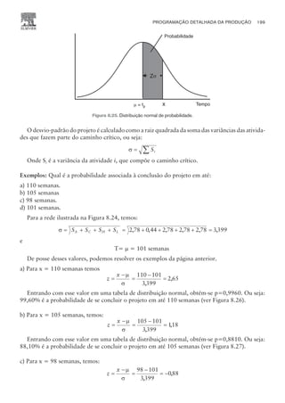 O desvio-padrão do projeto é calculado como a raiz quadrada da soma das variâncias das ativida-
des que fazem parte do caminho crítico, ou seja:
s = å Si
Onde Si é a variância da atividade i, que compõe o caminho crítico.
Exemplos: Qual é a probabilidade associada à conclusão do projeto em até:
a) 110 semanas.
b) 105 semanas
c) 98 semanas.
d) 101 semanas.
Para a rede ilustrada na Figura 8.24, temos:
s = + + + = + + + + =
S S S S
A C H L 2 78 0 44 2 78 2 78 2 78 3399
, , , , , ,
e
T= m = 101 semanas
De posse desses valores, podemos resolver os exemplos da página anterior.
a) Para x = 110 semanas temos
z
x
=
-
=
-
=
m
s
110 101
3399
2 65
,
,
Entrando com esse valor em uma tabela de distribuição normal, obtém-se p=0,9960. Ou seja:
99,60% é a probabilidade de se concluir o projeto em até 110 semanas (ver Figura 8.26).
b) Para x = 105 semanas, temos:
z
x
=
-
=
-
=
m
s
105 101
3399
118
,
,
Entrando com esse valor em uma tabela de distribuição normal, obtém-se p=0,8810. Ou seja:
88,10% é a probabilidade de se concluir o projeto em até 105 semanas (ver Figura 8.27).
c) Para x = 98 semanas, temos:
z
x
=
-
=
-
= -
m
s
98 101
3399
088
,
,
PROGRAMAÇÃO DETALHADA DA PRODUÇÃO 199
CAMPUS • PLANEJAMENTO E CONTROLE DA PRODUÇÃO • 1418 – CAPÍTULO 8 – EC-02
m = tp
Tempo
Zs
Probabilidade
Figura 8.25. Distribuição normal de probabilidade.
 