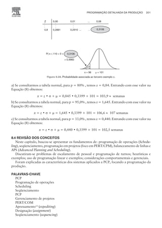 a) Se consultarmos a tabela normal, para p = 80% , temos z = 0,84. Entrando com esse valor na
Equação (8) obtemos:
x = z • s + m = 0,845 • 0,3399 + 101 = 103,9 » semanas
b) Se consultarmos a tabela normal, para p = 95,0% , temos z = 1,645. Entrando com esse valor na
Equação (8) obtemos:
x = z • s + m = 1,645 • 0,3399 + 101 = 106,6 » 107 semanas
c) Se consultarmos a tabela normal, para p = 33,0% , temos z = 0,440. Entrando com esse valor na
Equação (8) obtemos:
x = z • s + m = 0,440 • 0,3399 + 101 = 102,5 semanas
8.4 REVISÃO DOS CONCEITOS
Neste capítulo, buscou-se apresentar os fundamentos de: programação de operações (Schedu-
ling), seqüenciamento, programação em projetos (foco em PERT/CPM), balanceamento de linhas e
APS (Advanced Planning and Scheduling).
Discutiram-se problemas de escalamento de pessoal e programação de turnos; heurísticas e
exemplos; uso de programação linear e exemplos; considerações comportamentais e gerenciais.
Foram explicadas as características dos sistemas aplicados a PCP, focando a programação da
produção.
PALAVRAS-CHAVE
PCP
Programação de operações
Scheduling
Seqüenciamento
PCP
Gerenciamento de projetos
PERT/COM
Apressamento12
(expediting)
Designação (assignment)
Seqüenciamento (sequencing)
PROGRAMAÇÃO DETALHADA DA PRODUÇÃO 201
CAMPUS • PLANEJAMENTO E CONTROLE DA PRODUÇÃO • 1418 – CAPÍTULO 8 – EC-02
m = 101
x = 98
P( x 110 = 0 +
£ 0,3106
= 0,9960
.
.
.
.
.
.
.
.
.
Z 0,00 0,01 ... 0,08
0,8 0,2881 0,2910 ... … 0,3106
Figura 8.28. Probabilidade associada ao terceiro exemplo c.
 
