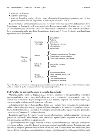 — controle preliminar;
— controle corrente;
— controle de realimentação: valoriza e usa a informação dos resultados anteriores para corrigir
possíveis desvios futuros de padrões aceitáveis; inclui o ciclo PDCA.
Existem diversas ferramentas utilizadas para executar o controle e medir resultados e indicadores
de processos em diversas áreas de uma organização. Recursos como coleta de dados para gerar gráfi-
cos, por exemplo, são aplicáveis a atividades operacionais. Ferramentas como auditoria e controla-
doria são mais adequadas à medição de resultados financeiros. A Figura 9.3 ilustra as aplicações de
algumas técnicas de controle.
9.1.2 Funções do acompanhamento e controle da produção
O planejamento e controle da produção, ao fornecer informações para comandar e controlar o
sistema produtivo e proporcionar feedback aos seus gestores e executores, torna possível uma crite-
riosa análise não somente do processo produtivo, mas de toda a empresa, suas metas e objetivos, ao
comparar o planejado com o efetivamente realizado.
A função controle da produção cuida de dirigir e/ou regular o fluxo metódico dos materiais por
todo o ciclo de fabricação, desde a requisição de matérias-primas, até a entrega do produto termina-
do, mediante a transmissão sistemática de instruções aos subordinados, segundo o plano que se utili-
za nas instalações do modo mais econômico.
Para tanto, a gerência deve supervisionar o desenvolvimento dos trabalhos a realizar, o tempo e a
quantidade produzida. Além do mais, deve estar atenta a possíveis mudanças nos planos de acordo
com as situações que forem se apresentando.
A gerência também deve dispor de matérias-primas e demais elementos de fabricação no momento
oportuno e no lugar requerido. Reduzir sempre que possível os períodos ociosos da maquinaria e dos
operários e assegurar que estes não trabalhem em excesso nem fiquem ociosos. Por esse motivo, essas
funçõessãoimprescindíveisparaqualquerempresaquepretendeoperarnoambientecompetitivoatual.
206 PLANEJAMENTO E CONTROLE DA PRODUÇÃO
CAMPUS • PLANEJAMENTO E CONTROLE DA PRODUÇÃO • 1418 – CAPÍTULO 9 – EC-02
ELSEVIER
Técnicas
de
Controle
Sistemas de
Informação
Gráficos
Estudo de
Métodos
Métodos
Quantitativos
Contabilidade
Auditoria
Orçamentos
Reportagens, informes
Informatizados
Mecanizados
Processos, procedimentos, Gantt etc.
Procedimento homem-máquina
Gráfico mão esquerda, mão direita
Movimentos e tempos
Padrões
Modelos matemáticos
Redes (caminho crítico, PERT)
Estatística
Cálculos probabilísticos
Programação dinâmica
Figura 9.3. Técnicas diversas de controle agrupadas segundo áreas do saber. Todas elas são perfeitamente aplicáveis para
auxiliar no controle da gestão empresarial e também dos processos produtivos.
 
