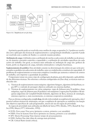 A primeira questão pode ser resolvida com a análise de carga; as questões 2 e 3 podem ser resolvi-
das com a aplicação das técnicas de seqüenciamento e a programação detalhada; a questão 4 pode
ser resolvida com a análise de fluidez e o controle insumo-produto.
Atribuição de carga: é definida como a atribuição de tarefas a cada centro de trabalho ou de proces-
so, de maneira a permitir controlar a capacidade e a atribuição de atividades específicas em cada
centro de trabalho. Em geral, as técnicas mais utilizadas na atribuição de carga são: gráficos de
Gantt, perfis ou diagramas de carga, métodos otimizadores e soluções heurísticas.
Seqüenciamento de pedidos: Esta atividade consiste na determinação da ordem em que serão pro-
cessados os pedidos em cada centro de trabalho, uma vez estabelecida a existência de capacidade. O
problema do seqüenciamento se torna mais complexo à medida que aumenta o número de centros
de trabalho, sem importar a quantidade de pedidos.
É importante tomar em conta o tipo de configuração da planta, pois dele depende a aplicabilida-
de das diferentes técnicas. No referente a oficinas configuradas em flow shop, as técnicas mais co-
nhecidas são:
1. Técnicas de seqüenciamento numa máquina: algoritmo húngaro, algoritmo de Kauffman, re-
gra SPT e o método de perseguir objetivos utilizado nos sistemas kanban.
2. Técnicas de seqüenciamento em várias máquinas: regra de Johnson para N pedidos e duas
máquinas, regra de Johnson para N pedidos e três máquinas e regras para N pedidos e M má-
quinas (algoritmo de Campbell-Dudek-Schmith, algoritmo de Bera, técnicas de simulação,
sistemas expertos e, mais recentemente, os sistemas cooperativos assistidos).
Para as oficinas configuradas em job shop, devido à diversidade na seqüência de operações, não é
possível utilizar técnicas de otimização, em que a seqüência de operações se estabelece em função
dos objetivos específicos de cada programador, através do uso de regras de prioridade.
As regras de prioridade mais utilizadas são [Buffa  Sarin,1995; Monks, 1991; Russell  Tay-
lor,1998; Mayer,1977; Schroeder, 1992]:
— FCFS: First come/ First serve (primeiro a entrar, primeiro a ser atendido).
— FISFS: First In System/ First Serve (primeiro no sistema, primeiro a ser atendido)
— SPT: Shorts Processing Time (menor tempo de processamento).
— EDD: Earliest Due date (data de entrega mais próxima).
— CR: Critical Ratio (razão crítica).
SISTEMAS DE CONTROLE DA PRODUÇÃO 213
CAMPUS • PLANEJAMENTO E CONTROLE DA PRODUÇÃO • 1418 – CAPÍTULO 9 – EC-02
Retífica
Corte de
matérias-
primas
Tratamento
Térmico
Solda
Desbaste
ou Lixa
Oficina
de pintura
Laminação
Inspeção
Tornos
A
Figura 9.6. Seqüência em um job shop.
Metrol. Mecan.
Chefia
Digit.
Metal.
Quimi.
B
 