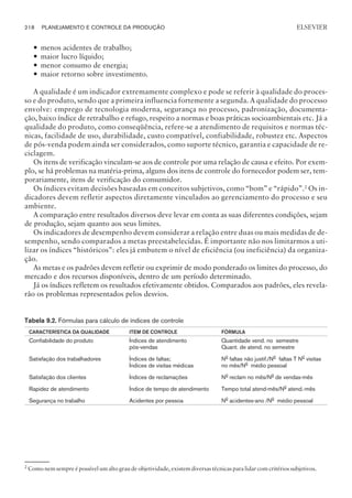 — menos acidentes de trabalho;
— maior lucro líquido;
— menor consumo de energia;
— maior retorno sobre investimento.
A qualidade é um indicador extremamente complexo e pode se referir à qualidade do proces-
so e do produto, sendo que a primeira influencia fortemente a segunda. A qualidade do processo
envolve: emprego de tecnologia moderna, segurança no processo, padronização, documenta-
ção, baixo índice de retrabalho e refugo, respeito a normas e boas práticas socioambientais etc. Já a
qualidade do produto, como conseqüência, refere-se a atendimento de requisitos e normas téc-
nicas, facilidade de uso, durabilidade, custo compatível, confiabilidade, robustez etc. Aspectos
de pós-venda podem ainda ser considerados, como suporte técnico, garantia e capacidade de re-
ciclagem.
Os itens de verificação vinculam-se aos de controle por uma relação de causa e efeito. Por exem-
plo, se há problemas na matéria-prima, alguns dos itens de controle do fornecedor podem ser, tem-
porariamente, itens de verificação do consumidor.
Os índices evitam decisões baseadas em conceitos subjetivos, como “bom” e “rápido”.2
Os in-
dicadores devem refletir aspectos diretamente vinculados ao gerenciamento do processo e seu
ambiente.
A comparação entre resultados diversos deve levar em conta as suas diferentes condições, sejam
de produção, sejam quanto aos seus limites.
Os indicadores de desempenho devem considerar a relação entre duas ou mais medidas de de-
sempenho, sendo comparados a metas preestabelecidas. É importante não nos limitarmos a uti-
lizar os índices “históricos”: eles já embutem o nível de eficiência (ou ineficiência) da organiza-
ção.
As metas e os padrões devem refletir ou exprimir de modo ponderado os limites do processo, do
mercado e dos recursos disponíveis, dentro de um período determinado.
Já os índices refletem os resultados efetivamente obtidos. Comparados aos padrões, eles revela-
rão os problemas representados pelos desvios.
Tabela 9.2. Fórmulas para cálculo de índices de controle
CARACTERÍSTICA DA QUALIDADE ITEM DE CONTROLE FÓRMULA
Confiabilidade do produto Índices de atendimento
pós-vendas
Quantidade vend. no semestre
Quant. de atend. no semestre
Satisfação dos trabalhadores Índices de faltas;
Índices de visitas médicas
No
faltas não justif./N
o
faltas T N
o
visitas
no mês/No
médio pessoal
Satisfação dos clientes Índices de reclamações No
reclam no mês/N
o
de vendas-mês
Rapidez de atendimento Índice de tempo de atendimento Tempo total atend-mês/No
atend.-mês
Segurança no trabalho Acidentes por pessoa No
acidentes-ano /N
o
médio pessoal
218 PLANEJAMENTO E CONTROLE DA PRODUÇÃO
CAMPUS • PLANEJAMENTO E CONTROLE DA PRODUÇÃO • 1418 – CAPÍTULO 9 – EC-02
ELSEVIER
2
Como nem sempre é possível um alto grau de objetividade, existem diversas técnicas para lidar com critérios subjetivos.
 
