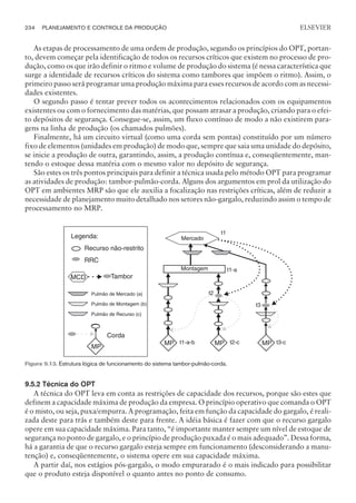 As etapas de processamento de uma ordem de produção, segundo os princípios do OPT, portan-
to, devem começar pela identificação de todos os recursos críticos que existem no processo de pro-
dução, como os que irão definir o ritmo e volume de produção do sistema (é nessa característica que
surge a identidade de recursos críticos do sistema como tambores que impõem o ritmo). Assim, o
primeiro passo será programar uma produção máxima para esses recursos de acordo com as necessi-
dades existentes.
O segundo passo é tentar prever todos os acontecimentos relacionados com os equipamentos
existentes ou com o fornecimento das matérias, que possam atrasar a produção, criando para o efei-
to depósitos de segurança. Consegue-se, assim, um fluxo contínuo de modo a não existirem para-
gens na linha de produção (os chamados pulmões).
Finalmente, há um circuito virtual (como uma corda sem pontas) constituído por um número
fixo de elementos (unidades em produção) de modo que, sempre que saia uma unidade do depósito,
se inicie a produção de outra, garantindo, assim, a produção contínua e, conseqüentemente, man-
tendo o estoque dessa matéria com o mesmo valor no depósito de segurança.
São estes os três pontos principais para definir a técnica usada pelo método OPT para programar
as atividades de produção: tambor-pulmão-corda. Alguns dos argumentos em prol da utilização do
OPT em ambientes MRP são que ele auxilia a focalização nas restrições críticas, além de reduzir a
necessidade de planejamento muito detalhado nos setores não-gargalo, reduzindo assim o tempo de
processamento no MRP.
9.5.2 Técnica do OPT
A técnica do OPT leva em conta as restrições de capacidade dos recursos, porque são estes que
definem a capacidade máxima de produção da empresa. O princípio operativo que comanda o OPT
é o misto, ou seja, puxa/empurra. A programação, feita em função da capacidade do gargalo, é reali-
zada deste para trás e também deste para frente. A idéia básica é fazer com que o recurso gargalo
opere em sua capacidade máxima. Para tanto, “é importante manter sempre um nível de estoque de
segurança no ponto de gargalo, e o princípio de produção puxada é o mais adequado”. Dessa forma,
há a garantia de que o recurso gargalo esteja sempre em funcionamento (desconsiderando a manu-
tenção) e, conseqüentemente, o sistema opere em sua capacidade máxima.
A partir daí, nos estágios pós-gargalo, o modo empurarado é o mais indicado para possibilitar
que o produto esteja disponível o quanto antes no ponto de consumo.
234 PLANEJAMENTO E CONTROLE DA PRODUÇÃO
CAMPUS • PLANEJAMENTO E CONTROLE DA PRODUÇÃO • 1418 – CAPÍTULO 9 – EC-02
ELSEVIER
Legenda:
Recurso não-restrito
RRC
MCD Tambor
Pulmão de Mercado (a)
Pulmão de Montagem (b)
Pulmão de Recurso (c)
Corda
MP
Mercado
MP MP MP
Montagem
t1
t1-a
t3
t2
t1-a-b t2-c t3-c
Figura 9.13. Estrutura lógica de funcionamento do sistema tambor-pulmão-corda.
 