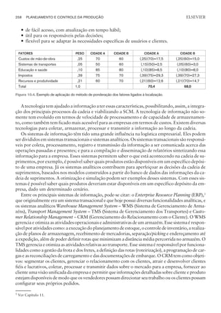 — de fácil acesso, com atualização em tempo hábil;
— útil para os responsáveis pelas decisões;
— flexível para se adaptar às necessidades específicas de usuários e clientes.
A tecnologia tem ajudado a informação a ter essas características, possibilitando, assim, a integra-
ção dos principais processos da cadeia e viabilizando a SCM. A tecnologia de informação não so-
mente tem evoluído em termos de velocidade de processamento e de capacidade de armazenamen-
to, como também tem ficado mais acessível para as empresas em termos de custos. Existem diversas
tecnologias para coletar, armazenar, processar e transmitir a informação ao longo da cadeia.
Os sistemas de informação têm tido uma grande influência na logística empresarial. Eles podem
ser divididos em sistemas transacionais e sistemas analíticos. Os sistemas transacionais são responsá-
veis por coleta, processamento, registro e transmissão da informação a ser comunicada acerca das
operações passadas e presentes; e para a compilação e disseminação de relatórios sintetizando essa
informação para a empresa. Esses sistemas permitem saber o que está acontecendo na cadeia de su-
primentos, por exemplo, é possível saber quais produtos estão disponíveis em um específico depósi-
to de uma empresa. Já os sistemas analíticos contribuem para aperfeiçoar as decisões da cadeia de
suprimentos, baseados nos modelos construídos a partir do banco de dados das informações da ca-
deia de suprimentos. A otimização e simulação podem ser exemplos desses sistemas. Com esses sis-
temas é possível saber quais produtos deveriam estar disponíveis em um específico depósito da em-
presa, dado um determinado cenário.
Entre os principais sistemas de informação, pode-se citar: o Enterprise Resource Planning (ERP),3
que originalmente era um sistema transacional e que hoje possui diversas funcionalidades analíticas, e
os sistemas analíticos Warehouse Management System – WMS (Sistema de Gerenciamento de Arma-
zéns), Transport Management System – TMS (Sistema de Gerenciamento dos Transportes) e Custo-
mer Relationship Management – CRM (Gerenciamento do Relacionamento com o Cliente). O WMS
gerencia e otimiza as atividades operacionais e administrativas de um armazém. Esse sistema é respon-
sável por atividades como: a execução do planejamento de estoque, o controle de inventário, a realiza-
ção de planos de armazenagem, recebimento de mercadorias, separação/picking e endereçamento até
a expedição, além de poder definir rotas que minimizam a distância média percorrida no armazém. O
TMS gerencia e otimiza as atividades relativas ao transporte. Esse sistema é responsável por funciona-
lidades como a gestão da frota e dos fretes, a definição das rotas (roteirização), a programação de car-
gas e as reconciliações de carregamento e das documentações de embarque. O CRM tem como objeti-
vos: segmentar os clientes, gerenciar o relacionamento com os clientes, atrair e desenvolver clientes
fiéis e lucrativos, coletar, processar e transmitir dados sobre o mercado para a empresa, fornecer ao
cliente uma visão unificada da empresa e permitir que informações detalhadas sobre cliente e produto
estejam disponíveis de modo que os vendedores possam direcionar seu trabalho ou os clientes possam
configurar seus próprios pedidos.
3 Ver Capítulo 11.
258 PLANEJAMENTO E CONTROLE DA PRODUÇÃO
CAMPUS • PLANEJAMENTO E CONTROLE DA PRODUÇÃO • 1418 – CAPÍTULO 10 – EC-02
ELSEVIER
FATORES PESO CIDADE A CIDADE B CIDADE A CIDADE B
Custos de mão-de-obra ,25 70 60 (,25)(70)=17,5 (,25)(60)=15,0
Sistemas de transportes ,05 50 60 (,15)(50)=2,5 (,05)(60)=3,0
Educação e saúde ,10 85 80 (,10)(85)=8,5 (,10)(80)=8,0
Impostos ,39 75 70 (,39)(75)=29,3 (,39)(70)=27,3
Recursos e produtividade ,21 60 70 (,21)(60)=12,6 (,21)(70)=14,7
Total 1,0 70,4 68,0
Figura 10.4. Exemplo de aplicação do método de ponderação dos fatores ligados à localização.
 