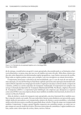 de de entrega, o modal aéreo em geral é o mais apropriado, desconsiderando-se as limitações relati-
vas às dimensões e ao peso, mas, por sua vez, ele implica um custo elevado. Além disso, muitos mo-
dos não estão disponíveis em determinadas regiões geográficas, o que limita o processo de escolha.
Nem todas as regiões podem contar, por exemplo, com rios navegáveis ou ramais ferroviários.
É importante mencionar a relevância da intermodalidade, que é o uso de mais de um modo em
uma operação. O caso da Petrolog no final deste capítulo apresenta uma operação intermodal reali-
zada no Brasil. Quando essa integração de modos é regida por um único contrato desde a origem até
o destino, atribui-se o termo específico de transporte multimodal. O responsável em cumprir esse
serviço é chamado de Operador de Transporte Multimodal (OTM). No Brasil, a Agência Nacional
de Transportes (ANT) é a responsável pela habilitação das empresas que desejarem se registrar
como uma OTM. Caso essa empresa deseje atuar também em âmbito internacional, ela deverá se li-
cenciar na Receita Federal.
Além de definir o modo de transporte mais apropriado, esta área funcional deve também esco-
lher o tipo de veículo a ser usado. No caso rodoviário, fatores como distância a ser percorrida, quan-
tidade média de mercadoria a ser transportada, número de clientes a serem atendidos e velocidade
média serão decisivos para a escolha da capacidade desse veículo. O tipo de carga a ser transportada
também é importante. Cargas a granel líquidas requerem um caminhão-tanque, ou então um va-
gão-tanque no caso do modo ferroviário. Diversos outros tipos de caminhões e vagões também exis-
tem, assim como vários tipos de aviões, dutos, navios e barcas.
260 PLANEJAMENTO E CONTROLE DA PRODUÇÃO
CAMPUS • PLANEJAMENTO E CONTROLE DA PRODUÇÃO • 1418 – CAPÍTULO 10 – EC-02
ELSEVIER
Figura 10.5. Exemplo de uma operação logística com a tecnologia RFID.
Fonte: Want (2004)
 