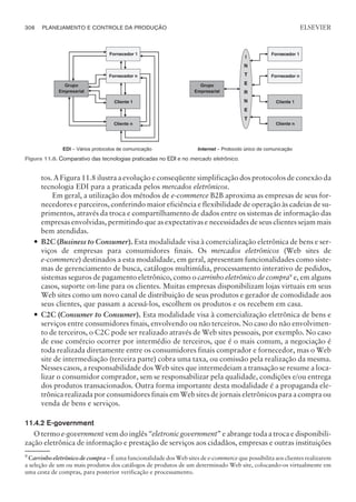 tos. A Figura 11.8 ilustra a evolução e conseqüente simplificação dos protocolos de conexão da
tecnologia EDI para a praticada pelos mercados eletrônicos.
Em geral, a utilização dos métodos de e-commerce B2B aproxima as empresas de seus for-
necedores e parceiros, conferindo maior eficiência e flexibilidade de operação às cadeias de su-
primentos, através da troca e compartilhamento de dados entre os sistemas de informação das
empresas envolvidas, permitindo que as expectativas e necessidades de seus clientes sejam mais
bem atendidas.
— B2C (Business to Consumer). Esta modalidade visa à comercialização eletrônica de bens e ser-
viços de empresas para consumidores finais. Os mercados eletrônicos (Web sites de
e-commerce) destinados a esta modalidade, em geral, apresentam funcionalidades como siste-
mas de gerenciamento de busca, catálogos multimídia, processamento interativo de pedidos,
sistemas seguros de pagamento eletrônico, como o carrinho eletrônico de compra9
e, em alguns
casos, suporte on-line para os clientes. Muitas empresas disponibilizam lojas virtuais em seus
Web sites como um novo canal de distribuição de seus produtos e gerador de comodidade aos
seus clientes, que passam a acessá-los, escolhem os produtos e os recebem em casa.
— C2C (Consumer to Consumer). Esta modalidade visa à comercialização eletrônica de bens e
serviços entre consumidores finais, envolvendo ou não terceiros. No caso do não envolvimen-
to de terceiros, o C2C pode ser realizado através de Web sites pessoais, por exemplo. No caso
de esse comércio ocorrer por intermédio de terceiros, que é o mais comum, a negociação é
toda realizada diretamente entre os consumidores finais comprador e fornecedor, mas o Web
site de intermediação (terceira parte) cobra uma taxa, ou comissão pela realização da mesma.
Nesses casos, a responsabilidade dos Web sites que intermedeiam a transação se resume a loca-
lizar o consumidor comprador, sem se responsabilizar pela qualidade, condições e/ou entrega
dos produtos transacionados. Outra forma importante desta modalidade é a propaganda ele-
trônica realizada por consumidores finais em Web sites de jornais eletrônicos para a compra ou
venda de bens e serviços.
11.4.2 E-government
O termo e-government vem do inglês “eletronic government” e abrange toda a troca e disponibili-
zação eletrônica de informação e prestação de serviços aos cidadãos, empresas e outras instituições
306 PLANEJAMENTO E CONTROLE DA PRODUÇÃO
CAMPUS • PLANEJAMENTO E CONTROLE DA PRODUÇÃO • 1418 – CAPÍTULO 11 – EC-02
ELSEVIER
Figura 11.8. Comparativo das tecnologias praticadas no EDI e no mercado eletrônico.
9
Carrinho eletrônico de compra – É uma funcionalidade dos Web sites de e-commerce que possibilita aos clientes realizarem
a seleção de um ou mais produtos dos catálogos de produtos de um determinado Web site, colocando-os virtualmente em
uma cesta de compras, para posterior verificação e processamento.
 