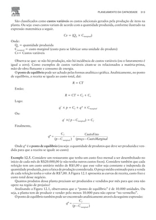 São classificados como custos variáveis os custos adicionais gerados pela produção de itens na
planta. Ou seja: esses custos variam de acordo com a quantidade produzida, conforme ilustrado na
expressão matemática a seguir.
Cv = (Qp × Cmarginal)
Onde:
Qp = quantidade produzida
Cmarginal = custo marginal (custo para se fabricar uma unidade do produto)
Cv= Custos variáveis
Observa-se que: se não há produção, não há incidência de custos variáveis (ou o faturamento é
igual a zero). Como exemplos de custos variáveis citam-se os relacionados a matéria-prima,
mão-de-obra flutuante e consumo de energia.
O ponto de equilíbrio pode ser achado pelas formas analítica e gráfica. Analiticamente, no ponto
de equilíbrio, a receita se iguala ao custo total, daí:
R = CT
Então:
R = CT = Cf + Cv
Logo:
q*
× p = Cf + q* × Cmarginal
Ou:
q*
×( p – Cmarginal) = Cf
Finalmente,
q
C
p C
CustoFixo
preço Custo nal
f
*
( ) (
=
-
=
-
marginal Margi
Onde q* é o ponto de equilíbrio (ou seja: a quantidade de produtos que deve ser produzida e ven-
dida para que a receita se iguale ao custo)
Exemplo 12.5. Considere um restaurante que tenha um custo fixo mensal a ser desembolsado no
início de cada mês de R$20.000,00 (e não tenha outros custos fixos). Considere também que cada
refeição tem um custo unitário médio de R$5,00 e que esse valor seja constante e independa da
quantidade produzida, para a faixa de produção considerada. O preço médio estimado para a venda
de cada refeição tenha o valor de R$7,00. A Figura 12.1 apresenta as curvas de receita, custo fixo e
custo total desse negócio.
Quantos produtos dessa planta precisam ser produzidos e vendidos por mês para que esta não
opere na região de prejuízo?
Analisando a Figura 12.1, observamos que o “ponto de equilíbrio” é de 10.000 unidades. Ou
seja, a planta tem de produzir e vender pelo menos 10.000 para não operar “no vermelho”.
O ponto de equilíbrio também pode ser encontrado analiticamente através da seguinte expressão:
q
C
p C
f
*
( )
=
- marginal
PLANEJAMENTO DA CAPACIDADE 313
CAMPUS • PLANEJAMENTO E CONTROLE DA PRODUÇÃO • 1418 – CAPÍTULO 12 – EC-02
 