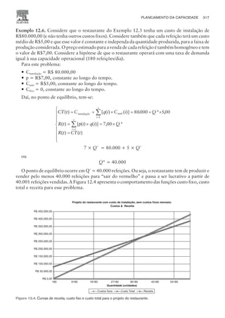 Exemplo 12.6. Considere que o restaurante do Exemplo 12.3 tenha um custo de instalação de
R$80.000,00 (e não tenha outros custos fixos). Considere também que cada refeição terá um custo
médio de R$5,00 e que esse valor é constante e independa da quantidade produzida, para a faixa de
produção considerada. O preço estimado para a venda de cada refeição é também homogêneo e tem
o valor de R$7,00. Considere a hipótese de que o restaurante operará com uma taxa de demanda
igual à sua capacidade operacional (180 refeições/dia).
Para este problema:
— Cinstalação = R$ 80.000,00
— p = R$7,00, constante ao longo do tempo.
— Cunit = R$5,00, constante ao longo do tempo.
— Cfixo = 0, constante ao longo do tempo.
Daí, no ponto de equilíbrio, tem-se:
CT t C q i C i Q
instalação unit
i
( ) [ ( ) ( )] . * ,
= + ´ = + ´
=
80000 500
1
7 00
t
i t
t
R t p i q i Q
R t CT t
å
å
= ´ = ´
=
ì
í
ï
ï
ï
î
ï
ï
=
( ) [ ( ) ( )] , *
( ) ( )
ï
7 × Q*
= 80.000 + 5 × Q*
ou
Q* = 40.000
O ponto de equilíbrio ocorre em Q*
= 40.000 refeições. Ou seja, o restaurante tem de produzir e
vender pelo menos 40.000 refeições para “sair do vermelho” e passa a ser lucrativo a partir de
40.001 refeições vendidas. A Figura 12.4 apresenta o comportamento das funções custo fixo, custo
total e receita para esse problema.
PLANEJAMENTO DA CAPACIDADE 317
CAMPUS • PLANEJAMENTO E CONTROLE DA PRODUÇÃO • 1418 – CAPÍTULO 12 – EC-02
Figura 12.4. Curvas de receita, custo fixo e custo total para o projeto do restaurante.
 