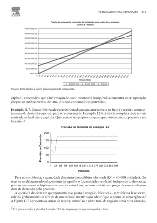 capítulo, é necessário que a informação de que o mesmo foi inaugurado e encontra-se em operação
chegue ao conhecimento, de fato, dos seus consumidores potenciais.
Exemplo 12.7. Com o objetivo de exercitar esta discussão, apresenta-se na figura a seguir o compor-
tamento da demanda esperada para o restaurante do Exemplo 12.4. A tabela completa pode ser en-
contrada ao final deste capítulo. Qual seria o tempo previsto para que o investimento passasse a ser
lucrativo?
Para este problema, a quantidade do ponto de equilíbrio não muda (Q*
= 40.000 unidades). Ou
seja: na modelagem adotada, o ponto de equilíbrio (quantidades vendidas) independe da demanda,
pois assumiram-se as hipóteses de que os custos fixos, o custo unitário e o preço de venda indepen-
dem da demanda pelo produto.
A questão é detectar em que momento esse ponto é atingido. Neste caso, o problema deve ser re-
solvido graficamente ou através de um método iterativo que identifique o ponto de convergência.3
A Figura 12.7 apresenta as curvas de receita, custo fixo e custo total do negócio nessa nova situação.
PLANEJAMENTO DA CAPACIDADE 319
CAMPUS • PLANEJAMENTO E CONTROLE DA PRODUÇÃO • 1418 – CAPÍTULO 12 – EC-02
Figura 12.6. Tempo x Lucro para o projeto do restaurante.
3
Ver, por exemplo, a planilha Exemplo 12.7 do arquivo pc.xls que acompanha o livro.
 
