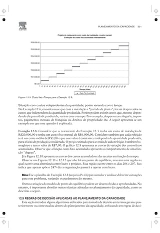 Situação com custos independentes da quantidade, porém variando com o tempo
No Exemplo 12.6, considerou-se que com a instalação e “partida da planta”, foram desprezados os
custos que independem da quantidade produzida. Porém podem existir custos que, mesmo depen-
dendo da quantidade produzida, variem com o tempo. Por exemplo, despesas com aluguéis, impos-
tos, pagamentos mensais de franquias ou direitos de propriedade etc. A seguir apresenta-se um
exemplo em que essa questão é explorada.
Exemplo 12.8. Considere que o restaurante do Exemplo 12.3 tenha um custo de instalação de
R$20.000,00 e tenha um custo fixo mensal de R$6.000,00. Considere também que cada refeição
terá um custo médio de R$5,00 e que esse valor é constante e independa da quantidade produzida,
para a faixa de produção considerada. O preço estimado para a venda de cada refeição é também ho-
mogêneo e tem o valor de R$7,00. O gráfico 12.8 apresenta as curvas de variação dos custos fixos
acumulados. Observe que a função custo fixo acumulado apresenta o comportamento de uma fun-
ção “degrau”.
Já a Figura 12.10 apresenta as curvas dos custos acumulados e das receitas em função do tempo.
Observe nas Figuras 12.11 e 12.12 que não há um ponto de equilíbrio, mas sim uma região na
qual ocorre uma alternância entre lucro e prejuízo. Essa região ocorre entre os dias 206 e 207. Isso
indica que apenas após o 247o
dia a organização passará a operar com lucro.
Dica: Use a planilha do Exemplo 12.8 (arquivo Pc.xls) para simular e analisar diferentes situações
para este problema, variando os parâmetros do mesmo.
Outras variações do modelo de ponto de equilíbrio podem ser desenvolvidas e aprofundadas. No
entanto, é importante abordar outras técnicas adotadas no planejamento da capacidade, como as
descritas a seguir.
12.5 REGRAS DE DECISÃO APLICADAS AO PLANEJAMENTO DA CAPACIDADE
Esta seção introduz alguns algoritmos utilizados para tomada de decisão em termos gerais e pos-
teriormente os contextualiza dentro do planejamento da capacidade, enfocando em regras de deci-
PLANEJAMENTO DA CAPACIDADE 321
CAMPUS • PLANEJAMENTO E CONTROLE DA PRODUÇÃO • 1418 – CAPÍTULO 12 – EC-02
Figura 12.9. Custo fixo x Tempo para o Exemplo 12.8.
 