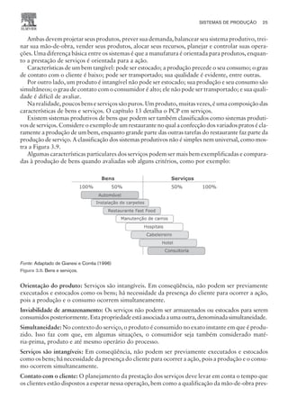 Ambas devem projetar seus produtos, prever sua demanda, balancear seu sistema produtivo, trei-
nar sua mão-de-obra, vender seus produtos, alocar seus recursos, planejar e controlar suas opera-
ções. Uma diferença básica entre os sistemas é que a manufatura é orientada para produtos, enquan-
to a prestação de serviços é orientada para a ação.
Características de um bem tangível: pode ser estocado; a produção precede o seu consumo; o grau
de contato com o cliente é baixo; pode ser transportado; sua qualidade é evidente, entre outras.
Por outro lado, um produto é intangível não pode ser estocado; sua produção e seu consumo são
simultâneos; o grau de contato com o consumidor é alto; ele não pode ser transportado; e sua quali-
dade é difícil de avaliar.
Na realidade, poucos bens e serviços são puros. Um produto, muitas vezes, é uma composição das
características de bens e serviços. O capítulo 13 detalha o PCP em serviços.
Existem sistemas produtivos de bens que podem ser também classificados como sistemas produti-
vos de serviços. Considere o exemplo de um restaurante no qual a confecção dos variados pratos é cla-
ramente a produção de um bem, enquanto grande parte das outras tarefas do restaurante faz parte da
produção de serviço. A classificação dos sistemas produtivos não é simples nem universal, como mos-
tra a Figura 3.9.
Algumas características particulares dos serviços podem ser mais bem exemplificadas e compara-
das à produção de bens quando avaliadas sob alguns critérios, como por exemplo:
Orientação do produto: Serviços são intangíveis. Em conseqüência, não podem ser previamente
executados e estocados como os bens; há necessidade da presença do cliente para ocorrer a ação,
pois a produção e o consumo ocorrem simultaneamente.
Inviabilidade de armazenamento: Os serviços não podem ser armazenados ou estocados para serem
consumidosposteriormente.Estapropriedadeestáassociadaaumaoutra,denominadasimultaneidade.
Simultaneidade: No contexto do serviço, o produto é consumido no exato instante em que é produ-
zido. Isso faz com que, em algumas situações, o consumidor seja também considerado maté-
ria-prima, produto e até mesmo operário do processo.
Serviços são intangíveis: Em conseqüência, não podem ser previamente executados e estocados
como os bens; há necessidade da presença do cliente para ocorrer a ação, pois a produção e o consu-
mo ocorrem simultaneamente.
Contato com o cliente: O planejamento da prestação dos serviços deve levar em conta o tempo que
os clientes estão dispostos a esperar nessa operação, bem como a qualificação da mão-de-obra pres-
SISTEMAS DE PRODUÇÃO 25
CAMPUS • PLANEJAMENTO E CONTROLE DA PRODUÇÃO • 1418 – CAPÍTULO 3 – EC-02
Fonte: Adaptado de Gianesi e Corrêa (1996)
Figura 3.9. Bens e serviços.
 
