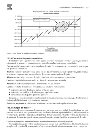 12.5.1 Elementos do processo decisório
Neste tópico e no seguinte serão vistos alguns conceitos básicos da Teoria de Decisão, de maneira
a introduzir o assunto e, posteriormente, aplicá-lo no planejamento da capacidade.
Decisor: unidade responsável pela tomada de decisão. Pode ser composta por um indivíduo ou por
um grupo de indivíduos.
Analista: elemento consultivo que tem a função de estruturar e analisar o problema, apresentando
orientações e argumentos que auxiliem o decisor na sua tomada de decisão.
Alternativa: estratégia ou curso de ação viável que pode ser adotado pelo decisor.
Critério: Propriedade ou variável à luz da qual a alternativa é avaliada.
Atributo: 8alor do desempenho da alternativa à luz do critério.
Cenário: “estado da natureza” projetado para o futuro. Por exemplo:
— estimativa da taxa de câmbio para o próximo ano;
— estimativa da incidência de chuvas para a próxima safra;
— demanda estimada para o próximo período.
-m geral, os cenários são classificados em otimista, pessimista ou moderado; podendo ser asso-
ciadas probabilidades de ocorrência aos mesmos.
Tabela de pagamentos: tabela com os valores a serem retornados pelas alternativas.
12.5.2 Situação de decisão
Uma situação ou problema de decisão caracteriza-se por uma necessidade de avaliação de um con-
junto de alternativas, para que se realize uma escolha ou decisão. 5egundo Zeleny (1982), uma decisão
ocorre mesmo quando o decisor decide por “não decidir”. -xistem diferentes formas de classificar as
situações de decisão. A seguir são apresentadas algumas formas de classificar as situações de decisão.
Classificação quanto ao conhecimento dos desdobramentos futuros (cenários)
As situações de decisão podem ser classificadas de acordo com o conhecimento das possibilidades de
ocorrênciadecenários.Nessecasoasdecisõespodemserclassificadasemumadasseguintescategorias:
PLANEJAMENTO DA CAPACIDADE 323
CAMPUS • PLANEJAMENTO E CONTROLE DA PRODUÇÃO • 1418 – CAPÍTULO 12 – EC-02
Figura 12.12. Região de oscilação entre lucro e prejuízo.
 