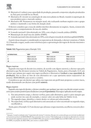 — Alternativa I: reduzir a sua capacidade de produção, passando a importar calçados produzidos
na Ásia para revendê-los no Brasil.
— Alternativa II: investir na construção de uma nova planta no Brasil, visando à exportação de
seus produtos para o mercado asiático.
— Alternativa III: Permanecer na situação atual, não realizando nenhum negócio com o grupo
asiático e mantendo a sua forma de atuação atual.
O decisor considera que a taxa de câmbio interfere diretamente no negócio. Assim, existem três
cenários para o comportamento da taxa de câmbio.
— A moeda nacional é desvalorizada em 10%, com relação à moeda asiática (DMN).
— Manutenção da atual taxa de câmbio (EMN).
— A moeda nacional é desvalorizada em 10%, com relação à moeda de referência global (DMN).
A partir dessa situação e considerando as expectativas de demanda, o decisor construiu a Tabela
12.2 ilustrada a seguir, usada como referência para a apresentação das regras de decisão maximin e
minimax.
Tabela 12.2. Pagamentos para o Exemplo 12.9.
ALTERNATIVAS
CENÁRIOS
VMN EMN DMN
I R$25.000,00 R$15.000,00 (R$5.000,00)
II (R$25.000,00) R$13.000,00 R$40.000,00
III R$10.000,00 R$10.000,00 R$10.000,00
Regra maximax
Segundo esta regra de decisão (ou critério, de acordo com alguns autores), o decisor opta pela
alternativa que lhe dá maior retorno na Tabela de Pagamentos. Assim, para o Exemplo 12.9, um
decisor que optasse por seguir esta regra escolheria a Alternativa I (reduzir a sua capacidade de
produção). Isso se deve ao fato de essa alternativa ser a que apresenta maior expectativa5
de
retorno: R$40.000,00, caso ocorra o cenário.
Considera-se que um decisor que adota esta regra tem um perfil mais propenso a correr riscos,
sendo denominado um decisor com perfil otimista.
Regra maximin
Segundo esta regra de decisão, o decisor considera que qualquer que seja a sua decisão sempre aconte-
ceráopiorcenáriopossívelparaela(decisorcomperfilpessimista).Estaregraéaplicadaemtrêsetapas:
1. Em uma primeira etapa, o decisor verifica, para cada alternativa, qual é a pior situação que
pode ocorrer (no caso do exemplo, o menor valor em cada linha da Tabela 12.2).
2. Na segunda etapa, identifica o maior dentre os valores pré-selecionados.
3. Na etapa final, verifica qual alternativa está associada ao valor encontrado na segunda etapa,
escolhendo-a.
Assim, para o Exemplo 12.9 um decisor que adotasse a regra maximin, escolheria a terceira alter-
nativa.
PLANEJAMENTO DA CAPACIDADE 325
CAMPUS • PLANEJAMENTO E CONTROLE DA PRODUÇÃO • 1418 – CAPÍTULO 12 – EC-02
5
Atenção: é usual a confusão entre “expectativa de retorno” e retorno. Ou seja: ter a certeza de que ao se investir na alternati-
va I ocorrerá um lucro de R$40.000,00. Esse raciocínio não é correto. Vale lembrar que ao investir na alternativa I, o investi-
dor terá um dos seguintes retornos: lucro de R$40.000, caso ocorra o cenário DMN; lucro de R$15.000, caso ocorra o cená-
rio EMN; ou prejuízo de R$25.000, caso ocorra o cenário DVN.
 