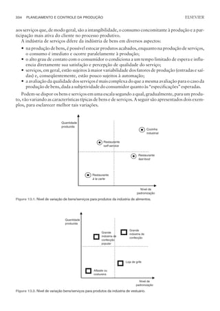 aos serviços que, de modo geral, são a intangibilidade, o consumo concomitante à produção e a par-
ticipação mais ativa do cliente no processo produtivo.
A indústria de serviços difere da indústria de bens em diversos aspectos:
— na produção de bens, é possível estocar produtos acabados, enquanto na produção de serviços,
o consumo é imediato e ocorre paralelamente à produção;
— o alto grau de contato com o consumidor o condiciona a um tempo limitado de espera e influ-
encia diretamente sua satisfação e percepção de qualidade do serviço;
— serviços, em geral, estão sujeitos à maior variabilidade dos fatores de produção (entradas e saí-
das) e, conseqüentemente, estão pouco sujeitos à automação;
— a avaliação da qualidade dos serviços é mais complexa do que a mesma avaliação para o caso da
produção de bens, dada a subjetividade do consumidor quanto às “especificações” esperadas.
Podem-se dispor os bens e serviços em uma escala segundo a qual, gradualmente, para um produ-
to, vão variando as características típicas de bens e de serviços. A seguir são apresentados dois exem-
plos, para esclarecer melhor tais variações.
334 PLANEJAMENTO E CONTROLE DA PRODUÇÃO
CAMPUS • PLANEJAMENTO E CONTROLE DA PRODUÇÃO • 1418 – CAPÍTULO 13 – EC-02
ELSEVIER
Cozinha
industrial
Nível de
padronização
Quantidade
produzida
Restaurante
à la carte
Restaurante
fast-food
Restaurante
self-service
Figura 13.1. Nível de variação de bens/serviços para produtos da indústria de alimentos.
Nível de
padronização
Quantidade
produzida
Grande
indústria de
confecção
Grande
indústria de
confecção
popular
Loja de grife
Alfaiate ou
costureira
Figura 13.2. Nível de variação bens/serviços para produtos da indústria de vestuário.
 