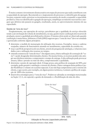 É muito comum o investimento desnecessário em etapas do processo que nada contribuem com
a capacidade da operação. Recomenda-se o mapeamento do processo e a identificação dos garga-
los para, somente então, priorizar os investimentos necessários de modo a expandir a capacidade
produtiva. Uma vez identificado o gargalo da operação, simplifique ao máximo suas tarefas e asse-
gure que defeitos não passem no gargalo, resultando, assim, no aproveitamento máximo de sua
capacidade.
Gestão da “zona de risco”
Freqüentemente, nas operações de serviço, percebemos que a qualidade do serviço oferecido
tende a cair em função do volume de atendimento, ou seja, quanto maior a utilização dos recursos de
produção, menor a qualidade percebida pelos clientes. O mesmo efeito pode ser observado quando
a utilização é muito baixa. Johnston e Clark (2002) sugerem que a “zona de risco” deve ser estudada
e gerenciada conforme alguns princípios:
— determine a medida de mensuração da utilização dos recursos. Exemplos: mesas e cadeiras
ocupadas, número de funcionários atuando no atendimento, capacidade da cozinha etc;
— trace o perfil de perspectivas do seu cliente, através de pesquisas de satisfação, e relacione esses
dados com a utilização dos recursos no tempo;
— entenda a natureza da “zona de risco”. Em alguns casos, a baixa utilização dá a sensação de “va-
zio” e pode desagradar determinados clientes. Da mesma forma, os recursos podem não atin-
gir sua eficiência máxima e comprometer o tempo de entrega. A alta utilização pode provocar
atrasos, faltas e pressão na mão-de-obra, comprometendo a qualidade;
— determine o ponto de operação ideal. A longo prazo, uma política de ocupação de 80%, por
exemplo, pode garantir a satisfação e retorno de clientes. Outra vantagem dessa política é po-
der flexibilizar o volume em ocasiões especiais. Caso não haja compromisso com o retorno do
cliente, o que ocorre, por exemplo, em alguns pontos turísticos, é comum a política de ocupa-
ção de 100% dos recursos;
— desenvolva estratégias para a “zona de risco”. Podem ser adotadas as estratégias mencionadas
na Seção 3.5.1, em especial, a gestão da demanda e a flexibilização da mão-de-obra.
340 PLANEJAMENTO E CONTROLE DA PRODUÇÃO
CAMPUS • PLANEJAMENTO E CONTROLE DA PRODUÇÃO • 1418 – CAPÍTULO 13 – EC-02
ELSEVIER
Figura 13.5. Zona de risco em um restaurante (Johnston e Clark, 2002).
 