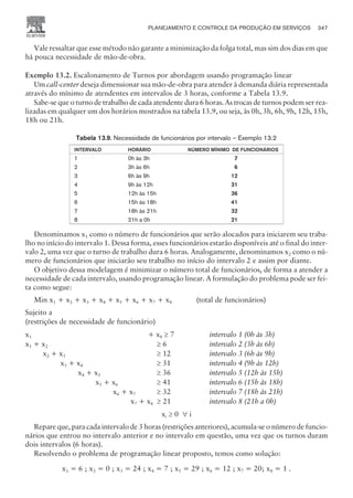 Vale ressaltar que esse método não garante a minimização da folga total, mas sim dos dias em que
há pouca necessidade de mão-de-obra.
Exemplo 13.2. Escalonamento de Turnos por abordagem usando programação linear
Um call-center deseja dimensionar sua mão-de-obra para atender à demanda diária representada
através do mínimo de atendentes em intervalos de 3 horas, conforme a Tabela 13.9.
Sabe-se que o turno de trabalho de cada atendente dura 6 horas. As trocas de turnos podem ser rea-
lizadas em qualquer um dos horários mostrados na tabela 13.9, ou seja, às 0h, 3h, 6h, 9h, 12h, 15h,
18h ou 21h.
Tabela 13.9. Necessidade de funcionários por intervalo – Exemplo 13.2
INTERVALO HORÁRIO NÚMERO MÍNIMO DE FUNCIONÁRIOS
1 0h às 3h 7
2 3h às 6h 6
3 6h às 9h 12
4 9h às 12h 31
5 12h às 15h 36
6 15h às 18h 41
7 18h às 21h 32
8 21h a 0h 21
Denominamos x1 como o número de funcionários que serão alocados para iniciarem seu traba-
lho no início do intervalo 1. Dessa forma, esses funcionários estarão disponíveis até o final do inter-
valo 2, uma vez que o turno de trabalho dura 6 horas. Analogamente, denominamos x2 como o nú-
mero de funcionários que iniciarão seu trabalho no início do intervalo 2 e assim por diante.
O objetivo dessa modelagem é minimizar o número total de funcionários, de forma a atender a
necessidade de cada intervalo, usando programação linear. A formulação do problema pode ser fei-
ta como segue:
Min x1 + x2 + x3 + x4 + x5 + x6 + x7 + x8 (total de funcionários)
Sujeito a
(restrições de necessidade de funcionário)
x1 + x8 ³ 7 intervalo 1 (0h às 3h)
x1 + x2 ³ 6 intervalo 2 (3h às 6h)
x2 + x3 ³ 12 intervalo 3 (6h às 9h)
x3 + x4 ³ 31 intervalo 4 (9h às 12h)
x4 + x5 ³ 36 intervalo 5 (12h às 15h)
x5 + x6 ³ 41 intervalo 6 (15h às 18h)
x6 + x7 ³ 32 intervalo 7 (18h às 21h)
x7 + x8 ³ 21 intervalo 8 (21h a 0h)
xi ³ 0  i
Repare que, para cada intervalo de 3 horas (restrições anteriores), acumula-se o número de funcio-
nários que entrou no intervalo anterior e no intervalo em questão, uma vez que os turnos duram
dois intervalos (6 horas).
Resolvendo o problema de programação linear proposto, temos como solução:
x1 = 6 ; x2 = 0 ; x3 = 24 ; x4 = 7 ; x5 = 29 ; x6 = 12 ; x7 = 20; x8 = 1 .
PLANEJAMENTO E CONTROLE DA PRODUÇÃO EM SERVIÇOS 347
CAMPUS • PLANEJAMENTO E CONTROLE DA PRODUÇÃO • 1418 – CAPÍTULO 13 – EC-02
 