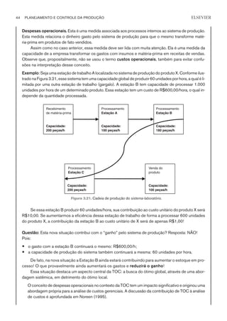 Despesas operacionais. Esta é uma medida associada aos processos internos ao sistema de produção.
Esta medida relaciona o dinheiro gasto pelo sistema de produção para que o mesmo transforme maté-
ria-prima em produtos de fato vendidos.
Assim como no caso anterior, essa medida deve ser lida com muita atenção. Ela é uma medida da
capacidade de a empresa transformar os gastos com insumos e matéria-prima em receitas de vendas.
Observe que, propositalmente, não se usou o termo custos operacionais, também para evitar confu-
sões na interpretação desse conceito.
Exemplo: Seja uma estação de trabalho A localizada no sistema de produção do produto X. Conforme ilus-
trado na Figura 3.21, esse sistema tem uma capacidade global de produzir 60 unidades por hora, a qual é li-
mitada por uma outra estação de trabalho (gargalo). A estação B tem capacidade de processar 1.000
unidades por hora de um determinado produto. Essa estação tem um custo de R$600,00/hora, o qual in-
depende da quantidade processada.
Se essa estação B produzir 60 unidades/hora, sua contribuição ao custo unitário do produto X será
R$10,00. Se aumentarmos a eficiência dessa estação de trabalho de forma a processar 600 unidades
do produto X, a contribuição da estação B ao custo unitário de X será de apenas R$1,00!
Questão: Esta nova situação contribui com o “ganho” pelo sistema de produção? Resposta: NÃO!
Pois:
— o gasto com a estação B continuará o mesmo: R$600,00/h;
— a capacidade de produção do sistema também continuará a mesma: 60 unidades por hora.
De fato, na nova situação a Estação B ainda estará contribuindo para aumentar o estoque em pro-
cesso! O que provavelmente ainda aumentará os gastos e reduzirá o ganho!
Essa situação destaca um aspecto central da TOC: a busca do ótimo global, através de uma abor-
dagem sistêmica, em detrimento do ótimo local.
O conceito de despesas operacionais no contexto da TOC tem um impacto significativo e originou uma
abordagem própria para a análise de custos gerenciais. A discussão da contribuição de TOC à análise
de custos é aprofundada em Noreen (1995).
44 PLANEJAMENTO E CONTROLE DA PRODUÇÃO
CAMPUS • PLANEJAMENTO E CONTROLE DA PRODUÇÃO • 1418 – CAPÍTULO 3 – EC-02
ELSEVIER
Recebimento
de matéria-prima
Capacidade:
200 peças/h
Processamento
Estação A
Capacidade:
100 peças/h
Processamento
Estação B
Capacidade:
180 peças/h
Venda do
produto
Processamento
Estação C
Capacidade:
200 peças/h
Capacidade:
100 peças/h
Figura 3.21. Cadeia de produção do sistema-laboratório.
 