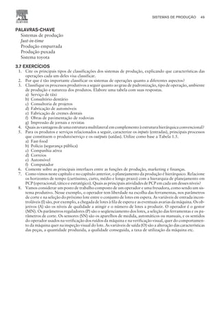 PALAVRAS-CHAVE
Sistemas de produção
Just-in-time
Produção empurrada
Produção puxada
Sistema toyota
3.7 EXERCÍCIOS
1. Cite os principais tipos de classificações dos sistemas de produção, explicando que características das
operações cada um deles visa classificar.
2. Por que é tão importante classificar os sistemas de operações quanto a diferentes aspectos?
3. Classifique os processos produtivos a seguir quanto ao grau de padronização, tipo de operação, ambiente
de produção e natureza dos produtos. Elabore uma tabela com suas respostas.
a) Serviço de táxi
b) Consultório dentário
c) Consultoria de projetos
d) Fabricação de automóveis
e) Fabricação de cremes dentais
f) Obras de pavimentação de rodovias
g) Impressão de jornais e revistas
4. Quais as vantagens de uma estrutura multilateral em complemento à estrutura hierárquica convencional?
5. Para os produtos e serviços relacionados a seguir, caracterize os inputs (entradas), principais processos
que constituem o produto/serviço e os outputs (saídas). Utilize como base a Tabela 1.5.
a) Fast-food
b) Polícia (segurança pública)
c) Companhia aérea
d) Correios
e) Automóvel
f) Computador
6. Comente sobre as principais interfaces entre as funções de produção, marketing e finanças.
7. Como vimos neste capítulo e no capítulo anterior, o planejamento da produção é hierárquico. Relacione
os horizontes de tempo (curtíssimo, curto, médio e longo prazo) com a hierarquia de planejamento em
PCP (operacional, tático e estratégico). Quais as principais atividades de PCP em cada um desses níveis?
8. Vamos considerar um posto de trabalho composto de um operador e uma fresadora, como sendo um sis-
tema produtivo. Nesse exemplo, o operador tem liberdade na escolha das ferramentas, nos parâmetros
de corte e na seleção do próximo lote entre o conjunto de lotes em espera. As variáveis de entrada incon-
troláveis (I) são, por exemplo, a chegada de lotes à fila de espera e as eventuais avarias da máquina. Os ob-
jetivos (A) são os níveis de qualidade a atingir e o número de lotes a produzir. O operador é o gestor
(MN). Os parâmetros reguladores (P) são o seqüenciamento dos lotes, a seleção das ferramentas e os pa-
râmetros de corte. Os sensores (SN) são os aparelhos de medida, automáticos ou manuais, e os sentidos
do operador usados na verificação dos ruídos da máquina e na verificação visual, quer do comportamen-
to da máquina quer na inspeção visual do lote. As variáveis de saída (O) são a alteração das características
das peças, a quantidade produzida, a qualidade conseguida, a taxa de utilização da máquina etc.
SISTEMAS DE PRODUÇÃO 49
CAMPUS • PLANEJAMENTO E CONTROLE DA PRODUÇÃO • 1418 – CAPÍTULO 3 – EC-02
 