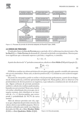 4.5 ERROS DE PREVISÃO
O indicador básico de Erro de Previsão para o período t (Et) é a diferença (ou desvio) entre o Va-
lor Real (Dt) e o Valor Previsto da demanda (Ft, forecast) no período correspondente. Desvios posi-
tivos significam que a demanda superou a previsão, e negativos, o contrário.
Et = Dt – Ft (1)
A partir dos desvios de “n” períodos consecutivos, calcula-se o Erro Médio (EM) pela Equação (2).
EM
D F
n
t t
t
n
=
-
=
å( )
1
(2)
O EM deve resultar em valores próximos de zero para n grande, quando o modelo não apresenta
viés ou erro sistemático. Nesse caso, os desvios positivos (Dt  Ft) anulam-se com os desvios negati-
vos (Dt  Ft).
Do ponto de vista prático, pode-se avaliar o viés de previsão graficamente, a partir de um diagra-
ma de resíduos (erros), conforme apresentado na Figura 4.8. Nesse gráfico, deve-se observar se há
predominância de desvios positivos ou negativos, o que indicaria a existência de um viés de previ-
são. Alguns softwares de previsão permitem
também o cálculo dos resíduos padronizados,
baseados na curva normal. Nesse caso, é possí-
vel avaliar a distribuição dos erros que, em si-
tuações normais, deve distribuir-se no inter-
valo de –3 a +3 desvios-padrão, que corres-
ponde à probabilidade de 99,7% da curva
normal.
Além de oferecer previsões sem viés, espe-
ra-se que a dispersão das previsões em torno dos
valores efetivos seja também pequena. Dois in-
dicadores utilizados para medir essa dispersão,
derivados do EM, são o Erro Absoluto Médio
(EAM) e o Erro Quadrático Médio (EQM).
PREVISÃO DE DEMANDA 55
CAMPUS • PLANEJAMENTO E CONTROLE DA PRODUÇÃO • 1418 – CAPÍTULO 4 – EC-02
6. Avaliar a precisão
com uma ou mais
medidas de erro.
4. Selecionar um método
adequado para previsão.
5. Gerar previsões para
um período determinado
da série.
8a. Gerar as previsões
para o horizonte de
planejamento.
9. Ajustar previsões com
base em informações
qualitativas adicionais.
10. Monitorar resultados
e medidas do erro de
previsão.
8b. Verificar parâmetros
do modelo utilizado ou
selecionar outro modelo
7. A precisão
está adequada
ao propósito da
previsão?
1. Identificar o objetivo
da previsão de demanda
3. Construir gráficos
para identificar padrões
2. Coletar dados (série
histórica e eventos)
Não
Sim
Figura 4.7. Processo de previsão de demanda (adaptado de Russell  Taylor, 2006).
-15,0
-10,0
-5,0
0,0
5,0
10,0
15,0
0 6 12 18 24 30 36 42
Figura 4.8. Erros de previsão.
 