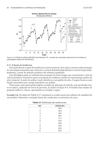 4.7.1.3 Ajuste de tendências
Esta seção discute o ajuste de tendências às séries temporais. Esse ajuste consiste na determinação
de uma função matemática que relaciona a variável demanda (dependente) à variável tempo (inde-
pendente), a partir do método estatístico dos mínimos quadrados.
Essa abordagem pode ser utilizada para projeções de séries longas, que caracterizam o ciclo de
vida de produtos. O primeiro passo na projeção de tendência consiste na representação gráfica da
série temporal. A partir da análise visual, identifica-se um padrão da série. A seguir, busca-se uma
função matemática que consiga reproduzir esse padrão.
Nesta seção, serão apresentados alguns exemplos de aplicação do método, sem aprofundar mui-
to no tópico, explicado em livros de previsão, já citados na Seção 4.4. O modelo mais simples de
projeção melhor é a linear, apresentada no exemplo a seguir.
Exemplo 4.6. Os dados da Tabela 4.17 constituem as vendas anuais (em milhares de unidades) de
um produto. Determine a projeção linear das vendas para os próximos três anos.
Tabela 4.7. Distribuição das vendas anuais
ANO VENDAS (MIL)
1
2
3
4
5
6
7
8
9
10
28,4
30,0
32,5
38,7
41,7
47,0
50,5
54,4
63,2
67,9
68 PLANEJAMENTO E CONTROLE DA PRODUÇÃO
CAMPUS • PLANEJAMENTO E CONTROLE DA PRODUÇÃO • 1418 – CAPÍTULO 4 – EC-02
ELSEVIER
Figura 4.16. Saída do software Minitab® para Exemplo 4.5 – previsão por suavização exponencial com tendência e
sazonalidade (método de Holt-Winters).
 