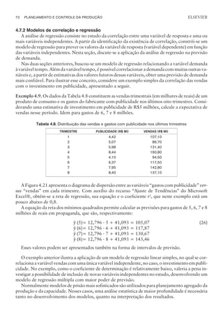4.7.2 Modelos de correlação e regressão
A análise de regressão consiste no estudo da correlação entre uma variável de resposta e uma ou
mais variáveis independentes. A partir da identificação da existência de correlação, constrói-se um
modelo de regressão para prever os valores da variável de resposta (variável dependente) em função
das variáveis independentes. Nesta seção, discute-se a aplicação da análise de regressão na previsão
de demanda.
Nas duas seções anteriores, buscou-se um modelo de regressão relacionando a variável demanda
à variável tempo. Além da variável tempo, é possível correlacionar a demanda com muitas outras va-
riáveis e, a partir de estimativas dos valores futuros dessas variáveis, obter uma previsão de demanda
mais confiável. Para ilustrar esse conceito, considere um exemplo simples da correlação das vendas
com o investimento em publicidade, apresentado a seguir.
Exemplo 4.9. Os dados da Tabela 4.8 constituem as vendas trimestrais (em milhares de reais) de um
produto de consumo e os gastos do fabricante com publicidade nos últimos oito trimestres. Consi-
derando uma estimativa de investimento em publicidade de R$5 milhões, calcule a expectativa de
vendas nesse período. Idem para gastos de 6, 7 e 8 milhões.
Tabela 4.8. Distribuição das vendas e gastos com publicidade nos últimos trimestres
TRIMESTRE PUBLICIDADE (R$ MI) VENDAS (R$ MI)
1 4,42 107,10
2 5,07 86,70
3 5,98 131,40
4 8,44 160,80
5 4,10 94,50
6 6,37 117,50
7 7,95 142,80
8 8,40 137,10
A Figura 4.21 apresenta o diagrama de dispersão entre as variáveis “gastos com publicidade” ver-
sus “vendas” em cada trimestre. Com auxílio do recurso “Ajuste de Tendências” do Microsoft
Excel®, obtém-se a reta de regressão, sua equação e o coeficiente r2
, que neste exemplo está um
pouco abaixo de 0,8.
A equação da reta dos mínimos quadrados permite calcular as previsões para gastos de 5, 6, 7 e 8
milhões de reais em propaganda, que são, respectivamente:
$
y (5)= 12,796 · 5 + 41,093 = 105,07
$
y (6)= 12,796 · 6 + 41,093 = 117,87
$
y (7)= 12,796 · 7 + 41,093 = 130,67
$
y (8)= 12,796 · 8 + 41,093 = 143,46
(26)
Esses valores podem ser apresentados também na forma de intervalos de previsão.
O exemplo anterior ilustra a aplicação de um modelo de regressão linear simples, no qual se cor-
relaciona a variável vendas com uma única variável independente, no caso, o investimento em publi-
cidade. No exemplo, como o coeficiente de determinação é relativamente baixo, valeria a pena in-
vestigar a possibilidade de inclusão de novas variáveis independentes no estudo, desenvolvendo um
modelo de regressão múltipla com maior poder de previsão.
Normalmente modelos de prisão mais sofisticados são utilizados para planejamento agregado da
produção e da capacidade. Nesses casos, uma análise estatística de maior profundidade é necessária
tanto no desenvolvimento dos modelos, quanto na interpretação dos resultados.
72 PLANEJAMENTO E CONTROLE DA PRODUÇÃO
CAMPUS • PLANEJAMENTO E CONTROLE DA PRODUÇÃO • 1418 – CAPÍTULO 4 – EC-02
ELSEVIER
 
