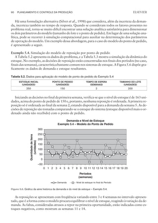 Há uma formulação alternativa (Silver et al., 1998) que considera, além da incerteza da deman-
da, incerteza também no tempo de resposta. Quando se consideram todos os fatores presentes no
problema real, torna-se muito difícil encontrar uma solução analítica satisfatória para dimensionar
os dois parâmetros do modelo (tamanho do lote e o ponto de pedido). Em lugar de uma solução ana-
lítica, pode-se recorrer à simulação computacional para auxiliar na determinação dos parâmetros
de operação do modelo. Um exemplo dessa abordagem, para o caso do modelo do ponto de pedido,
é apresentado a seguir.
Exemplo 5.4. Simulação do modelo de reposição por ponto de pedido
A Tabela 5.2 apresenta os dados do problema, e a Tabela 5.3 mostra a simulação da dinâmica do
estoque. No exemplo, as decisões de reposição estão concentradas nos finais dos períodos (no caso,
finais das semanas), característica bastante comum nos sistemas de estoque. A Figura 5.6 dispõe gra-
ficamente os dados de demanda e estoque resultantes.
Tabela 5.2. Dados para aplicação do modelo de ponto de pedido do Exemplo 5.4
ESTOQUE INICIAL
(UNIDADES)
PONTO DE PEDIDO
(UNIDADES)
TEMPO DE ESPERA
(SEMANAS)
TAMANHO DO LOTE
(UNIDADES)
250 150 2 200
Iniciando as decisões no final da primeira semana, verifica-se que o nível do estoque é de 163 uni-
dades, acima do ponto de pedido de 150 e, portanto, nenhuma reposição é ordenada. A primeira re-
posição só é ordenada ao final da semana 2, estando disponível para a demanda da semana 5. As de-
cisões de reposição são tomadas comparando-se o estoque do sistema (estoque disponível mais o or-
denado ainda não recebido) com o ponto de pedido.
As reposições se apresentam com freqüência variando entre 3 e 4 semanas no intervalo apresen-
tado, que é a forma como o modelo procura equilibrar o nível de estoque, reagindo à variação da de-
manda. As faltas, consideradas atrasos a repor na primeira oportunidade, estão indicadas como es-
toques negativos, como mostram as semanas 11 e 14.
90 PLANEJAMENTO E CONTROLE DA PRODUÇÃO
CAMPUS • PLANEJAMENTO E CONTROLE DA PRODUÇÃO • 1418 – CAPÍTULO 5 – EC-02
ELSEVIER
Demanda e Nível de Estoque
Exemplo 5.4 – Modelo do Ponto de Pedido
–50
0
50
100
150
200
250
300
0 1 2 3 4 5 6 7 8 9 10 11 12 13 14 15 16 17 18 19 20
Períodos
(semanas)
Demanda Nível do estoque no final do Período
Quantidade
de
itens
(unidades)
Figura 5.6. Gráfico da série histórica da demanda e do nível de estoque – Exemplo 5.4.
 