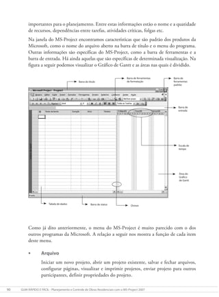 90 GUIA RÁPIDO E FÁCIL - Planejamento e Controle de Obras Residenciais com o MS-Project 2007
importantes para o planejamento. Entre estas informações estão o nome e a quatidade
de recursos, dependências entre tarefas, atividades críticas, folgas etc.
Na janela do MS-Project encontramos características que são padrão dos produtos da
Microsoft, como o nome do arquivo aberto na barra de título e o menu do programa.
Outras informações são específicas do MS-Project, como a barra de ferramentas e a
barra de entrada. Há ainda aquelas que são específicas de determinada visualização. Na
figura a seguir podemos visualizar o Gráfico de Gantt e as áreas nas quais é dividido.
Tabela de dados Barra de status Divisor
Área do
Gráico
de Gantt
Escala de
tempo
Barra de
entrada
Barra de
ferramentas
padrão
Barra de ferramentas
de formatação
Barra do título
Como já dito anteriormente, o menu do MS-Project é muito parecido com o dos
outros programas da Microsoft. A relação a seguir nos mostra a função de cada item
deste menu.
• Arquivo
Iniciar um novo projeto, abrir um projeto existente, salvar e fechar arquivos,
configurar páginas, visualizar e imprimir projetos, enviar projeto para outros
participantes, definir propriedades do projeto.
 