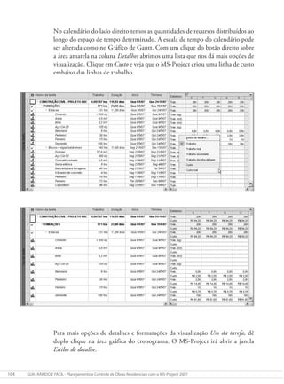 104 GUIA RÁPIDO E FÁCIL - Planejamento e Controle de Obras Residenciais com o MS-Project 2007
No calendário do lado direito temos as quantidades de recursos distribuídos ao
longo do espaço de tempo determinado. A escala de tempo do calendário pode
ser alterada como no Gráfico de Gantt. Com um clique do botão direito sobre
a área amarela na coluna Detalhes abrimos uma lista que nos dá mais opções de
visualização. Clique em Custo e veja que o MS-Project criou uma linha de custo
embaixo das linhas de trabalho.
Para mais opções de detalhes e formatações da visualização Uso da tarefa, dê
duplo clique na área gráfica do cronograma. O MS-Project irá abrir a janela
Estilos de detalhe.
 