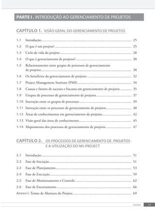 13
Sumário
PARTE I . INTRODUÇÃO aO geReNcIameNTO De pROjeTOS
CAPÍTULO 1. vISÃO geRal DO geReNcIameNTO De pROjeTOS
1.1 Introdução.................................................................................................. 25
1.2 O que é um projeto? ................................................................................... 25
1.3 Ciclo de vida do projeto.............................................................................. 28
1.4 O que é gerenciamento de projetos? ............................................................ 30
1.5 Relacionamento entre grupos de processos de gerenciamento
de projetos.................................................................................................. 30
1.6 Os benefícios do gerenciamento de projetos ................................................ 32
1.7 Project Management Institute (PMI)........................................................... 34
1.8 Causas e fatores de sucesso e fracasso em gerenciamento de projetos ............ 35
1.9 Grupos de processos de gerenciamento de projetos ...................................... 37
1.10 Interação entre os grupos de processos......................................................... 39
1.11 Interação entre os processos de gerenciamento de projetos........................... 40
1.12 Áreas de conhecimentos em gerenciamento de projetos................................ 42
1.13 Visão geral das áreas de conhecimento......................................................... 45
1.14 Mapeamento dos processos de gerenciamento de projetos............................ 47
CAPÍTULO 2. OS pROceSSOS De geReNcIameNTO De pROjeTOS
e a UTIlIzaÇÃO DO mS-pROjecT
2.1 Introdução.................................................................................................. 51
2.2 Fase de Iniciação......................................................................................... 51
2.3 Fase de Planejamento.................................................................................. 53
2.4 Fase de Execução......................................................................................... 59
2.5 Fase de Monitoramento e Controle ............................................................. 62
2.6 Fase de Encerramento ................................................................................. 66
Anexo I. Termo de Abertura do Projeto................................................................ 69
 