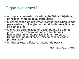 O que avaliamos? A proposta de ensino de educação Física (objetivos, princípios, metodologia, conteúdos) O desempenho do professor (competência/habilidade para ensinar, utilização da metodologia, relação com os alunos etc) O nível de aprendizagem/ desempenho do aluno: grau de desenvolvimento nas competências e habilidades, nível de participação e interesse, freqüência, pontualidade, relação com colegas e professor etc A infra estrutura física e material da escola CBC (Minas Gerais, 2005) 