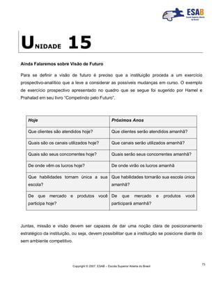 Copyright © 2007, ESAB – Escola Superior Aberta do Brasil
73
UNIDADE 15
Ainda Falaremos sobre Visão de Futuro
Para se definir a visão de futuro é preciso que a instituição proceda a um exercício
prospectivo-analítico que a leve a considerar as possíveis mudanças em curso. O exemplo
de exercício prospectivo apresentado no quadro que se segue foi sugerido por Hamel e
Prahalad em seu livro “Competindo pelo Futuro”.
Hoje Próximos Anos
Que clientes são atendidos hoje? Que clientes serão atendidos amanhã?
Quais são os canais utilizados hoje? Que canais serão utilizados amanhã?
Quais são seus concorrentes hoje? Quais serão seus concorrentes amanhã?
De onde vêm os lucros hoje? De onde virão os lucros amanhã
Que habilidades tornam única a sua
escola?
Que habilidades tornarão sua escola única
amanhã?
De que mercado e produtos você
participa hoje?
De que mercado e produtos você
participará amanhã?
Juntas, missão e visão devem ser capazes de dar uma noção clara de posicionamento
estratégico da instituição, ou seja, devem possibilitar que a instituição se posicione diante do
sem ambiente competitivo.
 