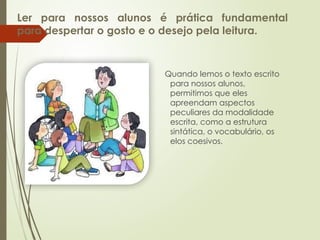 Ler para nossos alunos é prática fundamental
para despertar o gosto e o desejo pela leitura.
Quando lemos o texto escrito
para nossos alunos,
permitimos que eles
apreendam aspectos
peculiares da modalidade
escrita, como a estrutura
sintática, o vocabulário, os
elos coesivos.
 
