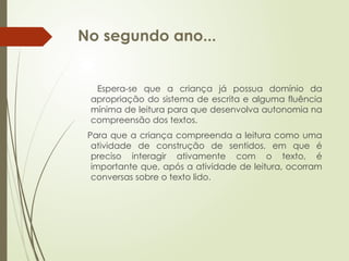No segundo ano...
Espera-se que a criança já possua domínio da
apropriação do sistema de escrita e alguma fluência
mínima de leitura para que desenvolva autonomia na
compreensão dos textos.
Para que a criança compreenda a leitura como uma
atividade de construção de sentidos, em que é
preciso interagir ativamente com o texto, é
importante que, após a atividade de leitura, ocorram
conversas sobre o texto lido.
 